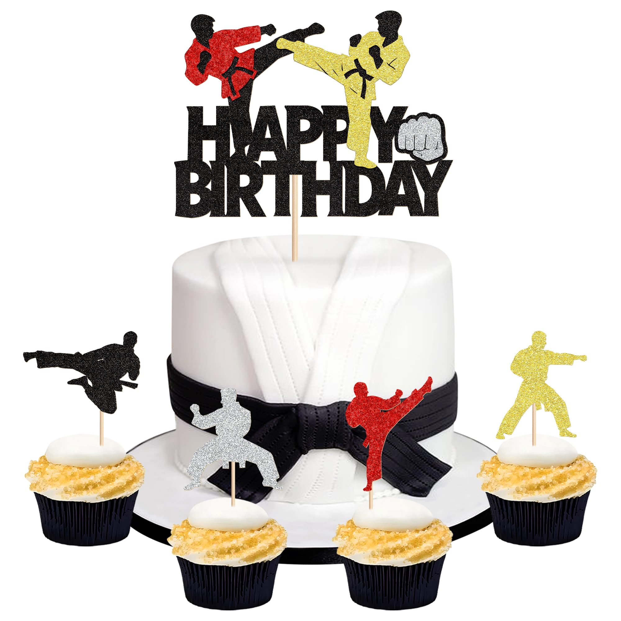 Pack of 25 Karate Happy Birthday Cake Toppers, Glitter Taekwondo Step Silhouette Picks for Children, Boys and Teenagers Birthday Party Cake Decorations, Martial Arts Theme Party Cake Decorations — image 1