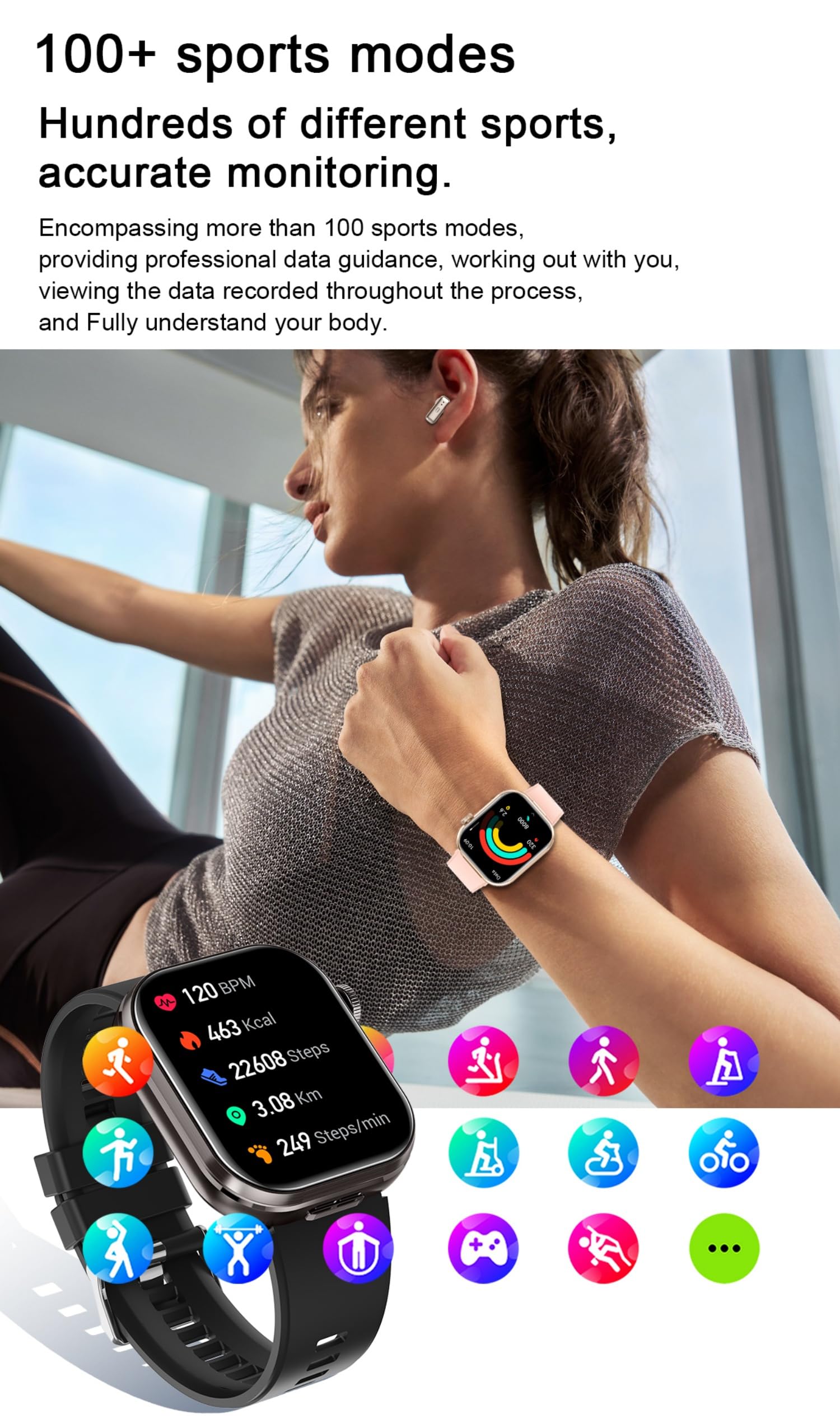 AIEK Inteligentny zegarek, wbudowane słuchawki Bluetooth, pulsometr / uśpienia / ciśnienia krwi, duży wyświetlacz dotykowy 2,02 cala, zegarek fitness do smartfona z systemem iOS, Android, zegarek