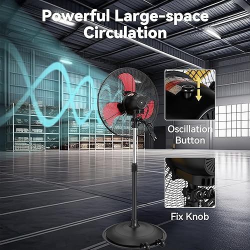 Miniatura 7 de Ventilador oscilante de pedestal de 5000 CFM de 20 pulgadas, ventilador de metal resistente de 3 velocidades, circulador de aire de alta velocidad