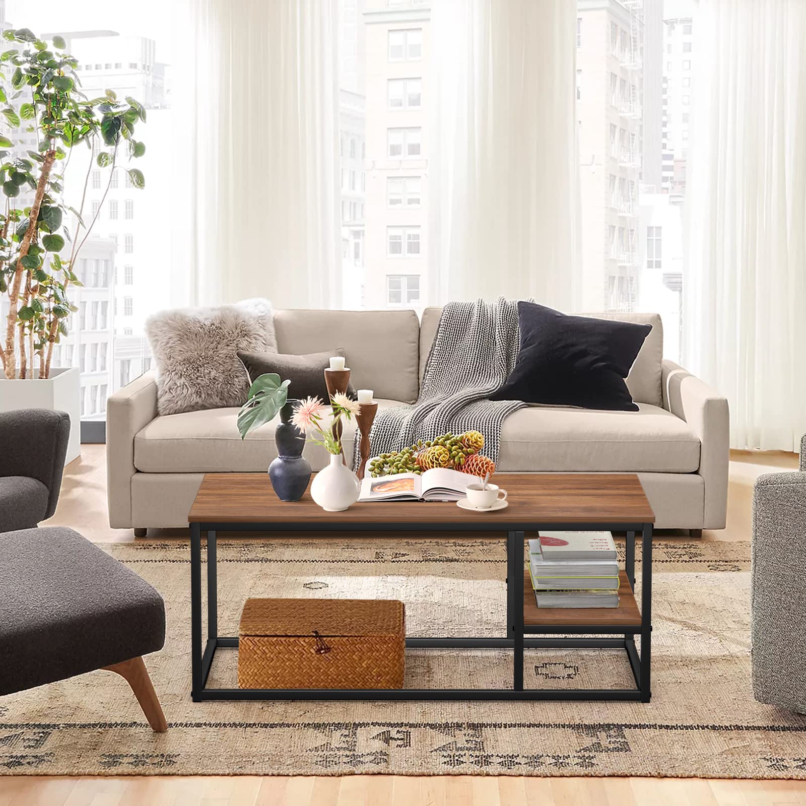 VOWNER Tavolino, Tavolo da Salotto, Tavolino con Struttura e Ripiano in Acciaio, Design Industriale, Stile Scandinavo, Facile da Montare, Tavolino da Divano in Legno, Colore Noce
