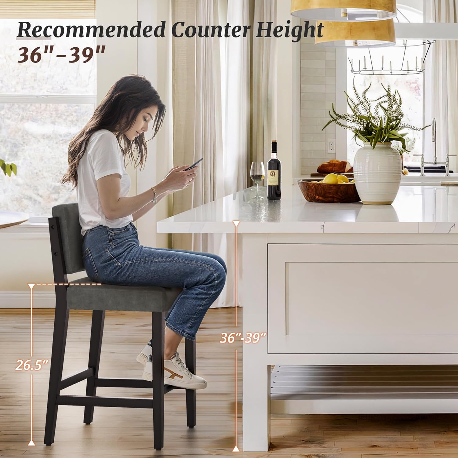 Cozyman 26.5" Bar Stools Set of 3, Upholstered Counter Height Bar Stools with Wide Faux Leather Backrest & Solid Wood Construction, Mid Century Modern Barstools for Kitchen Island, Black