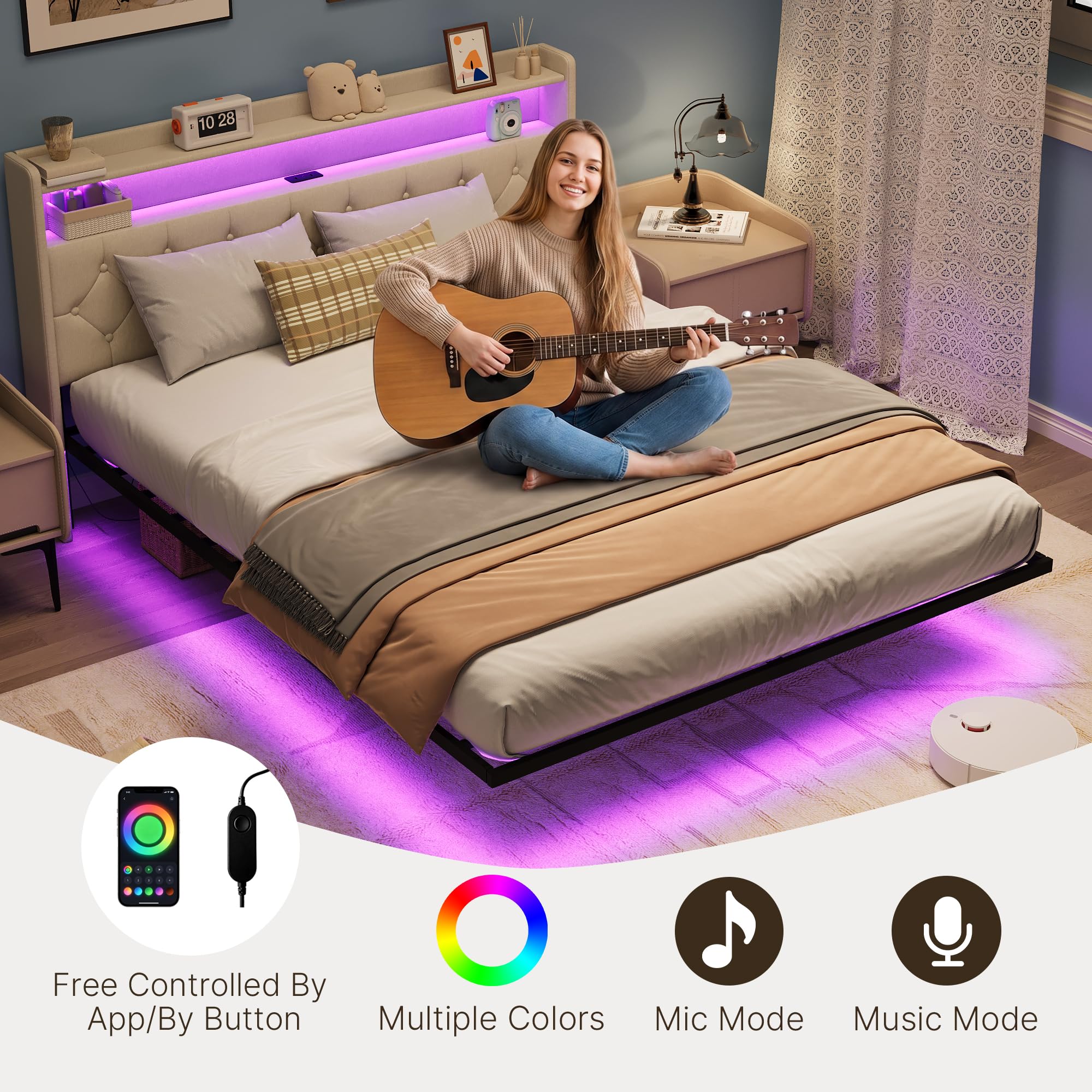 Xbro Łóżko 160x200 cm z pływającym, tapicerowane łóżko z oświetleniem LED i stacją ładującą (USB/wtyczka), wyściełany zagłówek z miejscem do przechowywania, Somier, ciemnoszary