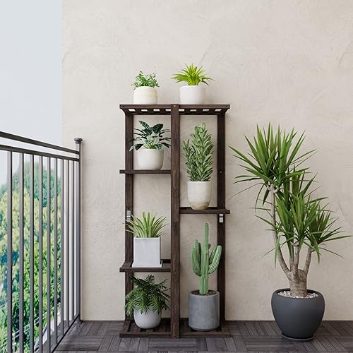 Miniatura 5 de Soporte para plantas, estante de bambú para interiores y exteriores, construye tu mini jardín (7 macetas, moca)