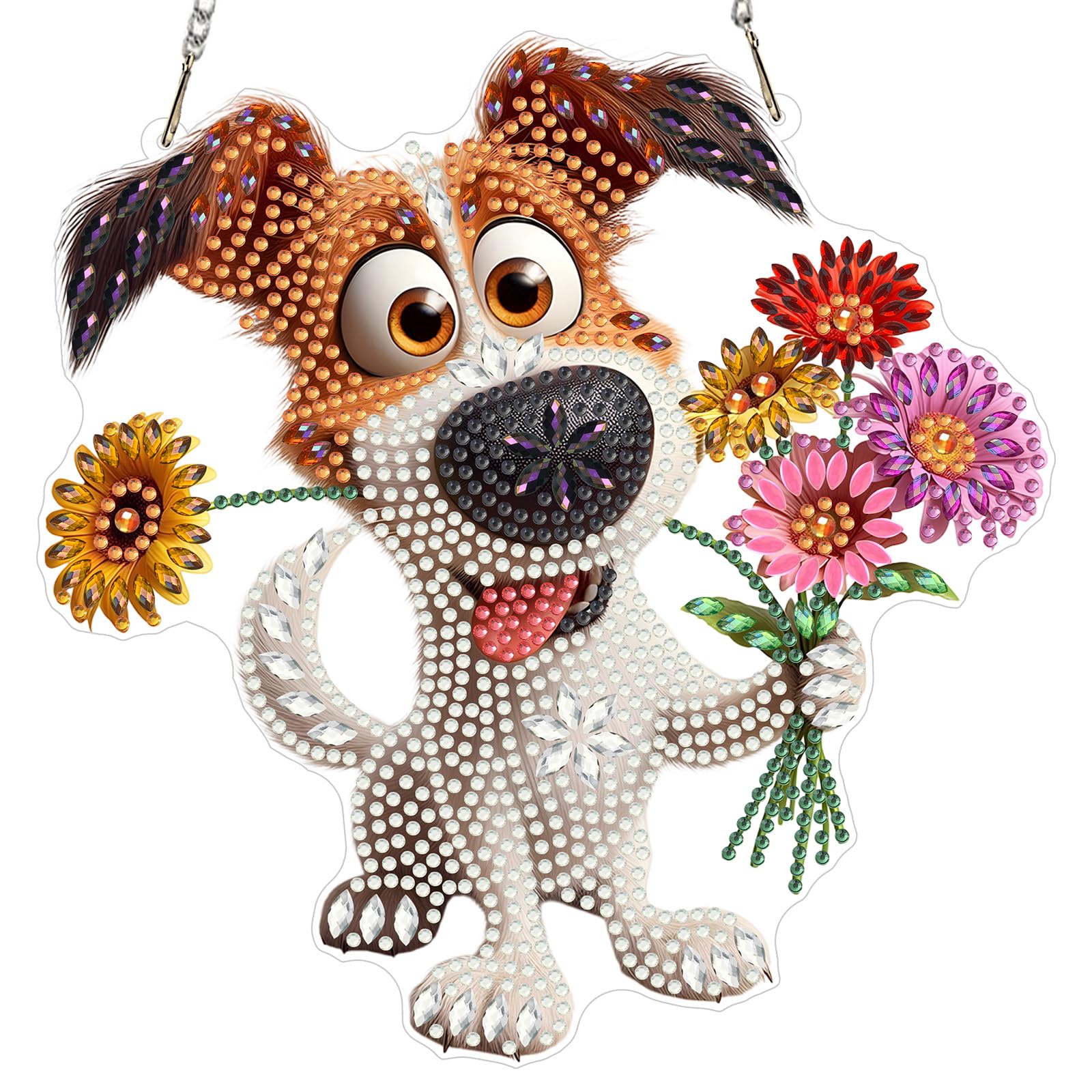 MXJSUA Flowers Dog Diamond Painting Art Window Suncatchers, Diamond Art Kits for Adults Hanging Ornaments with Chain, Special Shape Crystal Diamond Pendant Accessories for Decor Gift 20x20cm