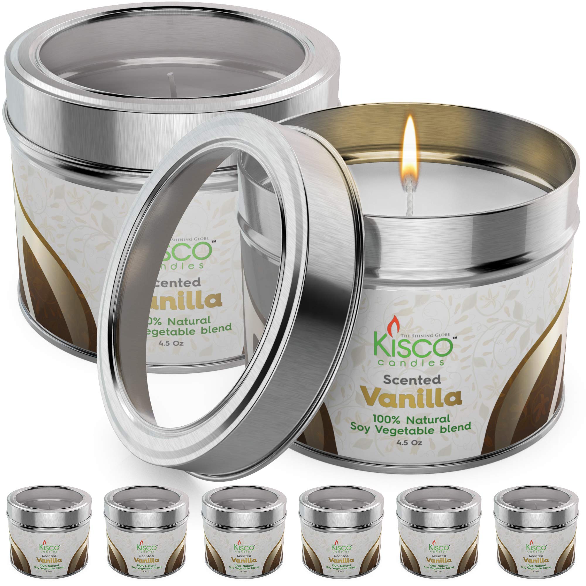 Luxury Scented Candles, 8 Pack – 100% Natural Soy Wax – Beautiful Gift Set Tins – Soothing, Relaxing Light Vanilla Fragrance - Aromatherapy, Decoration, Parties - 4.5oz - By Kisco Candles