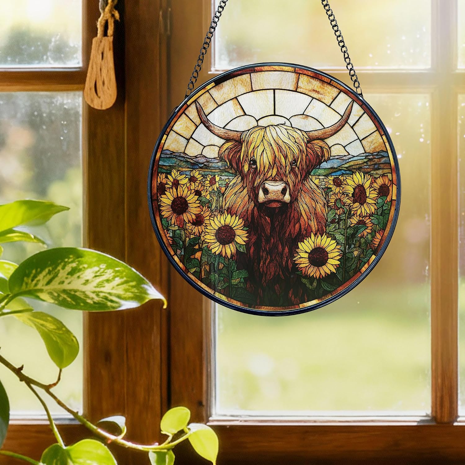 Highland Cow Sunflower Stained Glass Window Hanging, Western Cattle Flower Suncatchers, Farmhouse Animal Sun Catchers Indoor Window Round Glass Wall Art Hanging Decorations, 7.9x7.9in