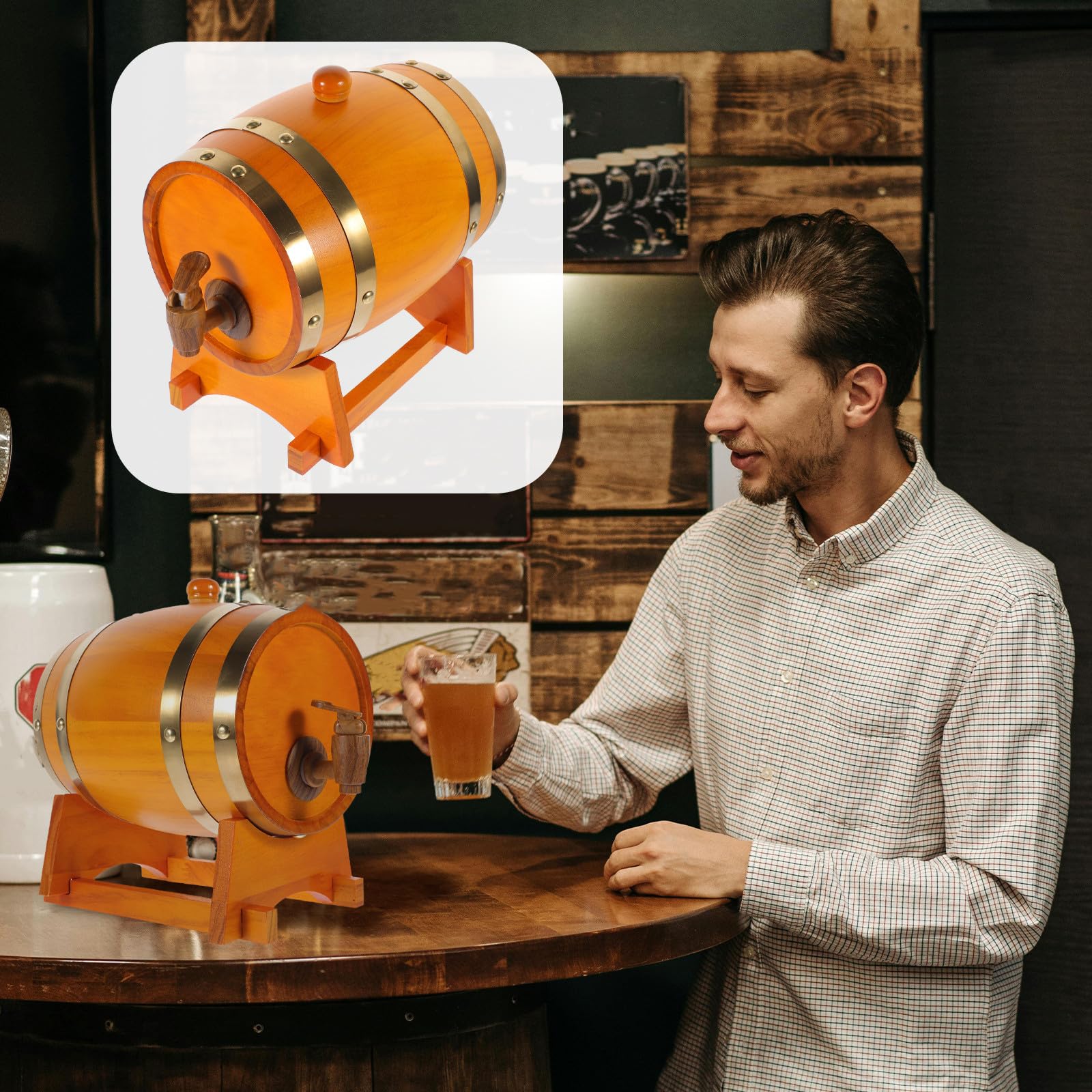 Operitacx Barril de Cerveza de Madera Barrica de crianza de Vino Dispensador de Bebidas de 1.5L con Grifo y Base de Madera para Bar o hogar