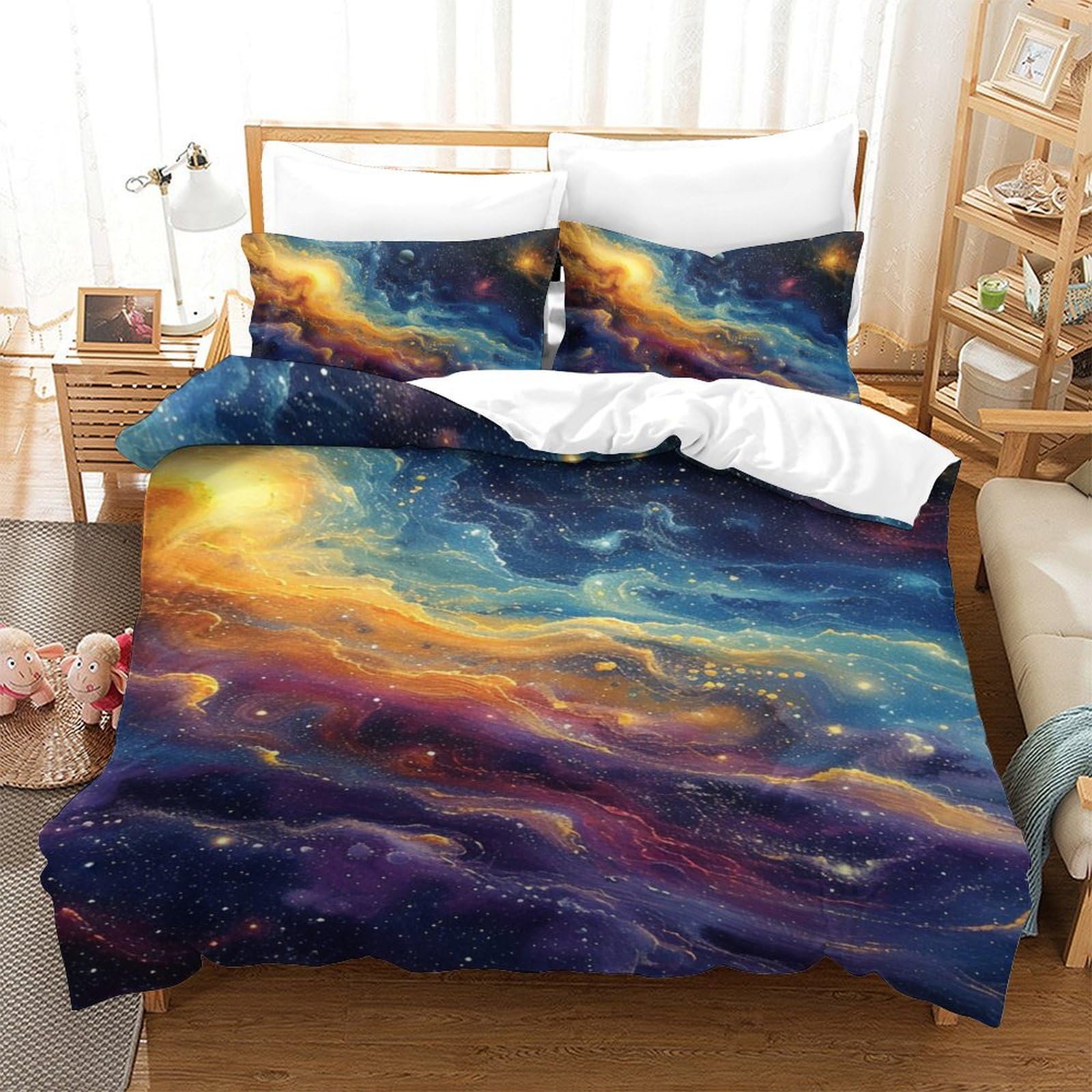 Housse de couette galaxie 140x200cm parure de lit 3 pièces imprimé ciel étoilé