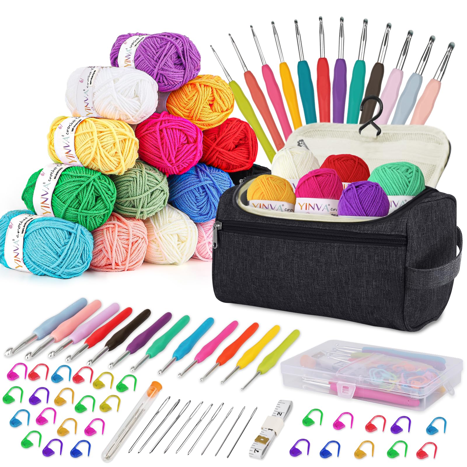 YINVA Häkelnadel Set für Anfänger 0.6mm-8mm Ergonomische Häkelnadeln Crochet Set Stricken für Anfänger Set