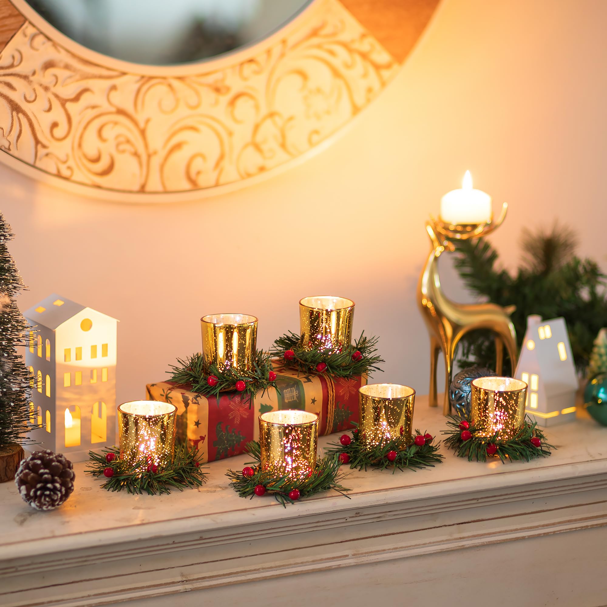 Glasseam Portacandelitas De Navidad: Portavelas De Oro con Anillo para Velas Set De 12 Portacandelitas De Cristal para Centro De Mesa NavideñO Portavelas Votivas De Mercurio para DecoracióN del Hogar