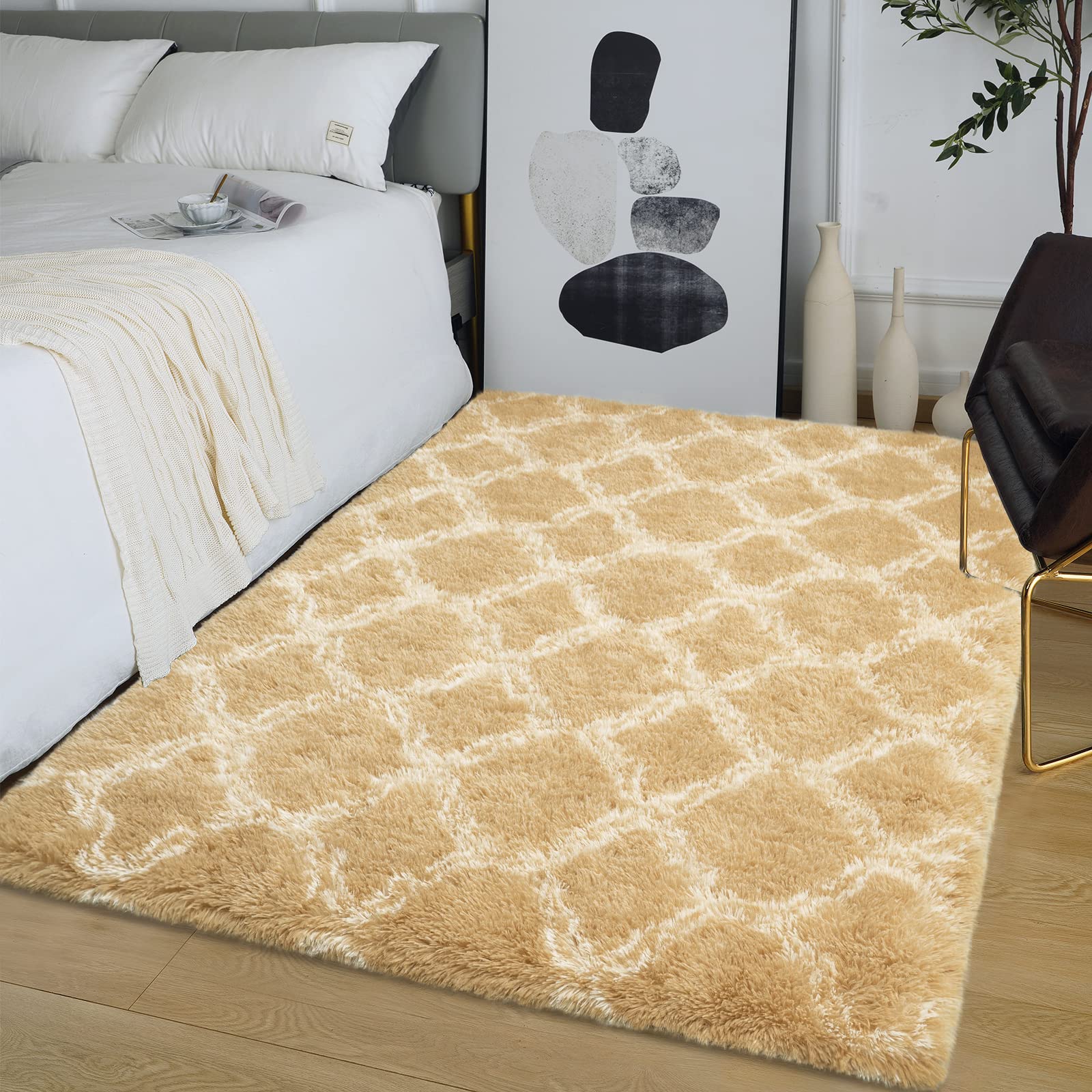 Zareas Soft Abstract Shaggy Rugs Fluffy Bedroom Carpet, Decorative Fuzzy Carpet for Kids Room Nursery Dorm Living Room, Non-Slip Washable Floor Rug for Gift Home Decor, Beige 4x5.9 Feet