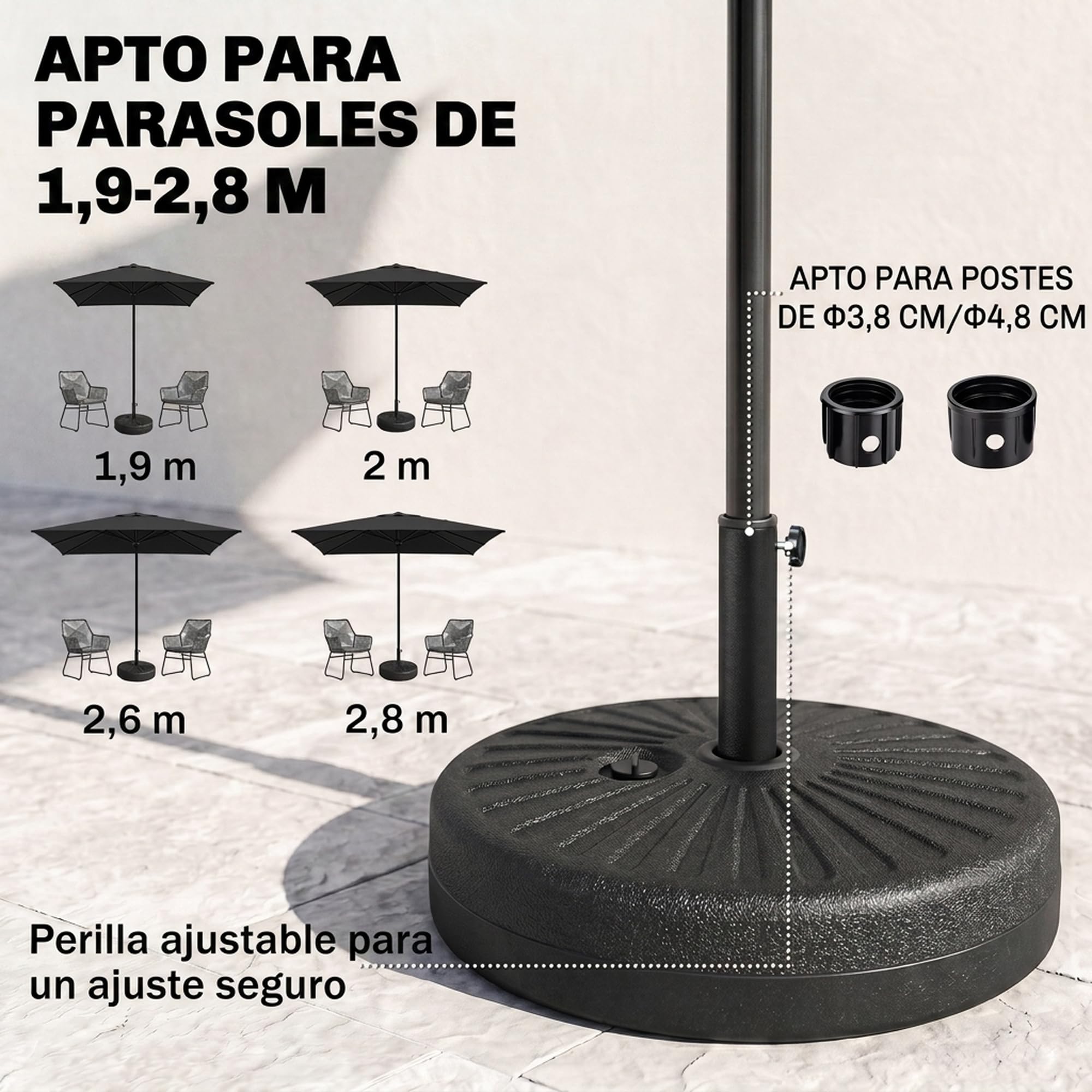 Outsunny Base para Sombrilla de Jardín Rellenable de Agua Ø51x30,5 cm Negro | 22 kg, Soporte de Parasol Redondo, Apto para Postes de 38mm/48mm, Portátil, Terraza Patio