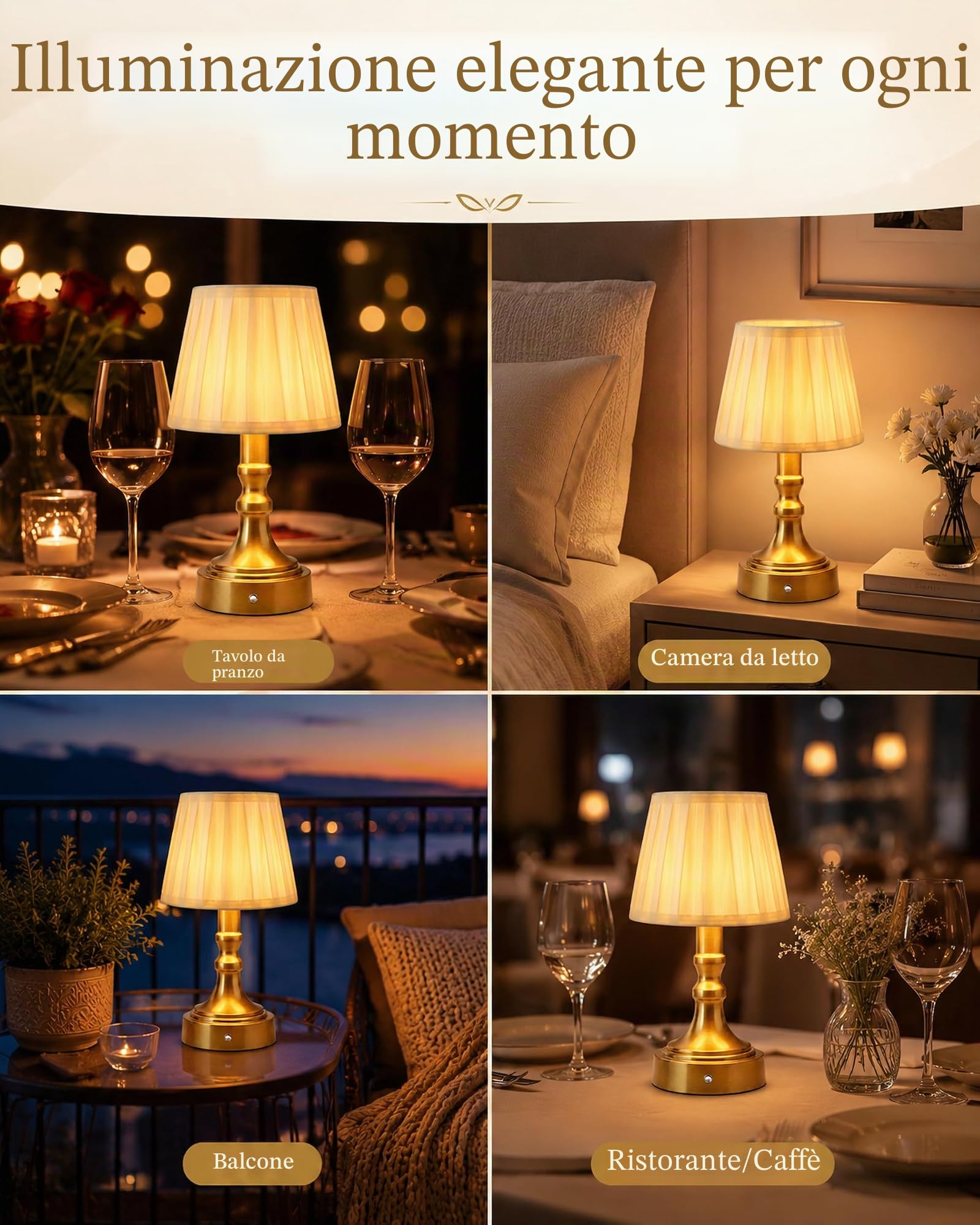 ACMHNC Lampada Tavolo Ricaricabile Dorata, Dimmerabile Touch, 2700K | Lampada da Comodino Senza Fili 4000 mAh, Paralume in Tessuto, Retrò per Camera, Soggiorno, Terrazza, Ristorante
