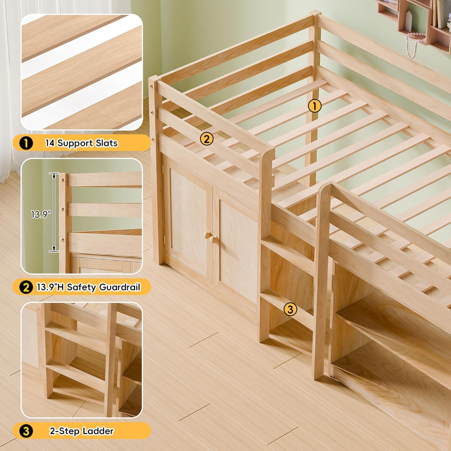 Twin Low Loft Bed with Multi-Color LED Lights, Solid Wood Twin Kids Bed Frame with 2 Portable Bookcases & Storage Cabinet, Space-Saving Loft Bed with Safety Guardrail, No Box Spring (Natural)