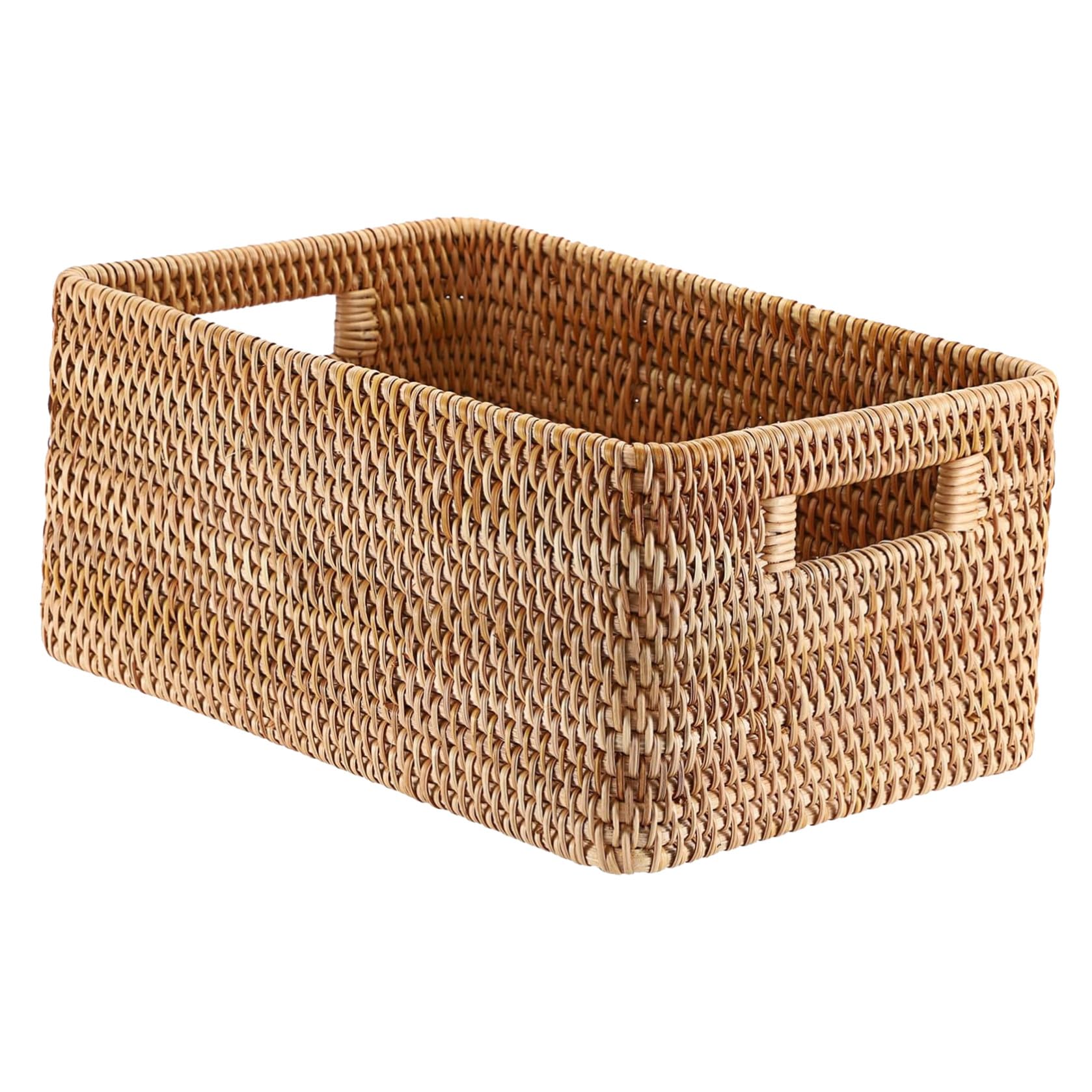 Caja de Almacenamiento de Ratán Diseño Nórdico con Textura Natural con Asas Integradas , Transpirable y Fácil de Llevar Adecuado para Estantes y Debajo Cama