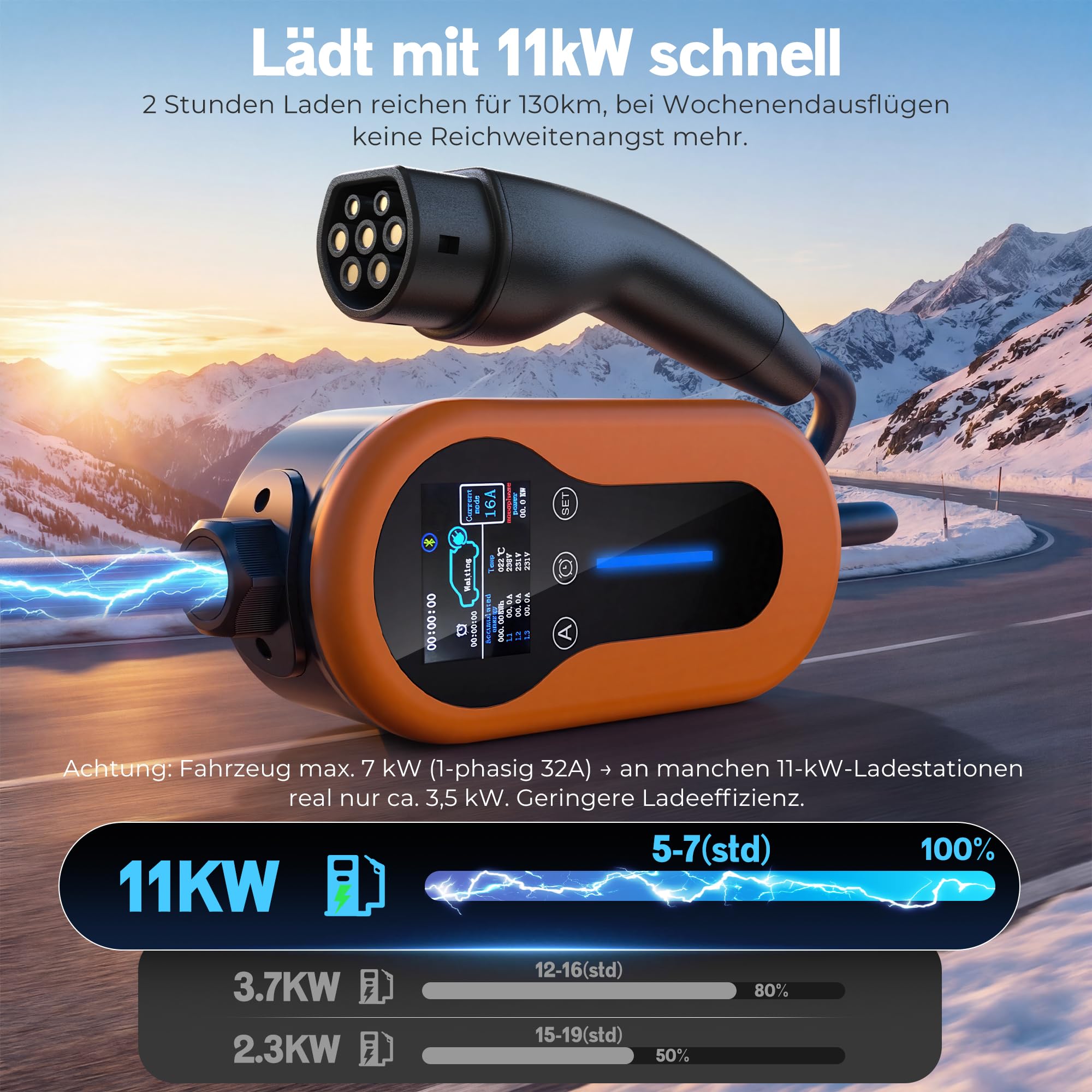 Mobile Wallbox 11kW mit App, 7m Typ 2 Ladekabel, 16A 3-Phasen CEE Stecker, 6-16A Einstellbar, Schuko Adapter, LCD Display, IP65 Wasserdicht, inkl. Tragetasche, Traenvir