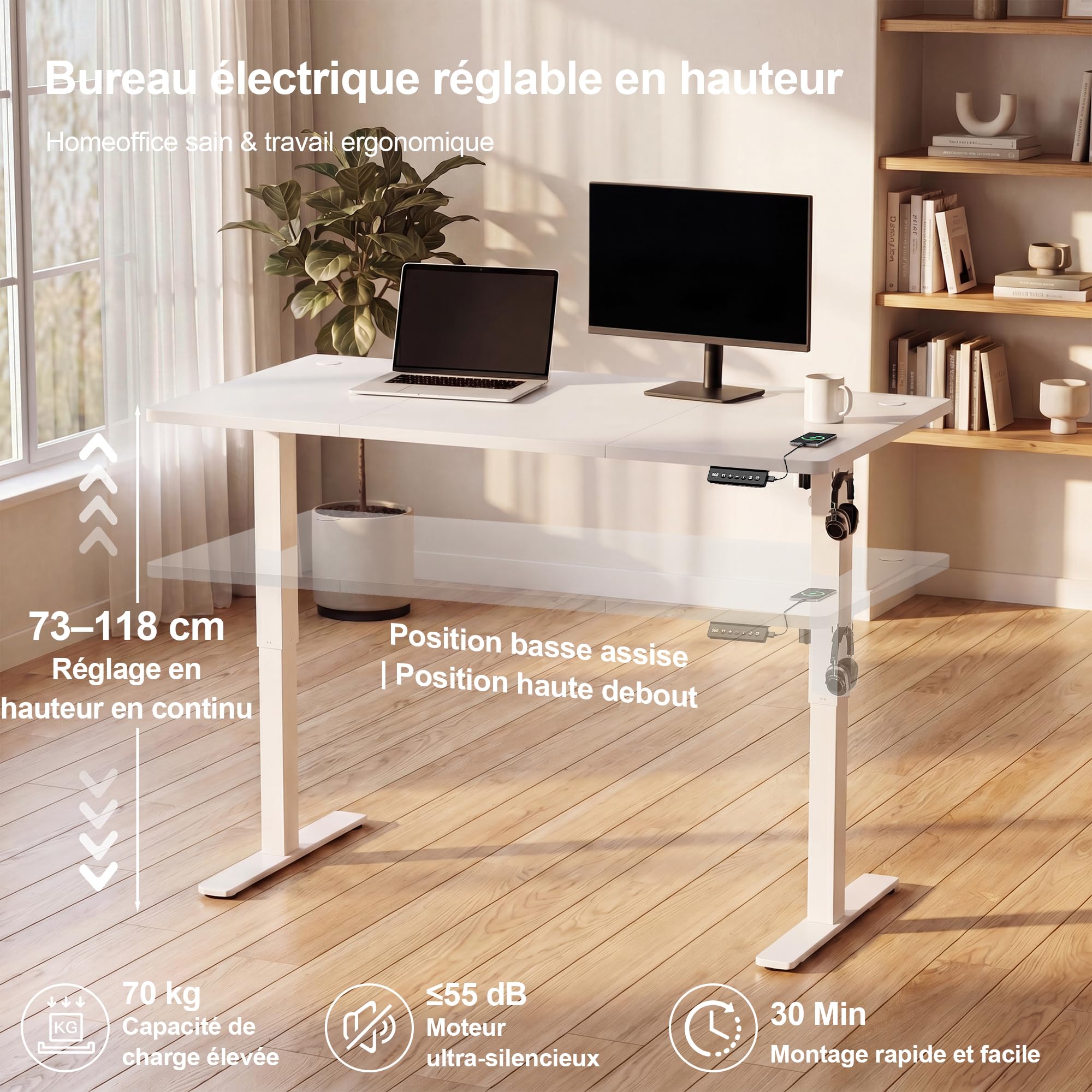 JUMMICO Bureau Assis-Debout Électrique 120x60cm, USB & 2 Mémoires, Blanc | Moteur Silencieux, Surface Anti-Rayures, Structure Métal Stable. Idéal pour Télétravail & Gaming, Hauteur 72-116 cm