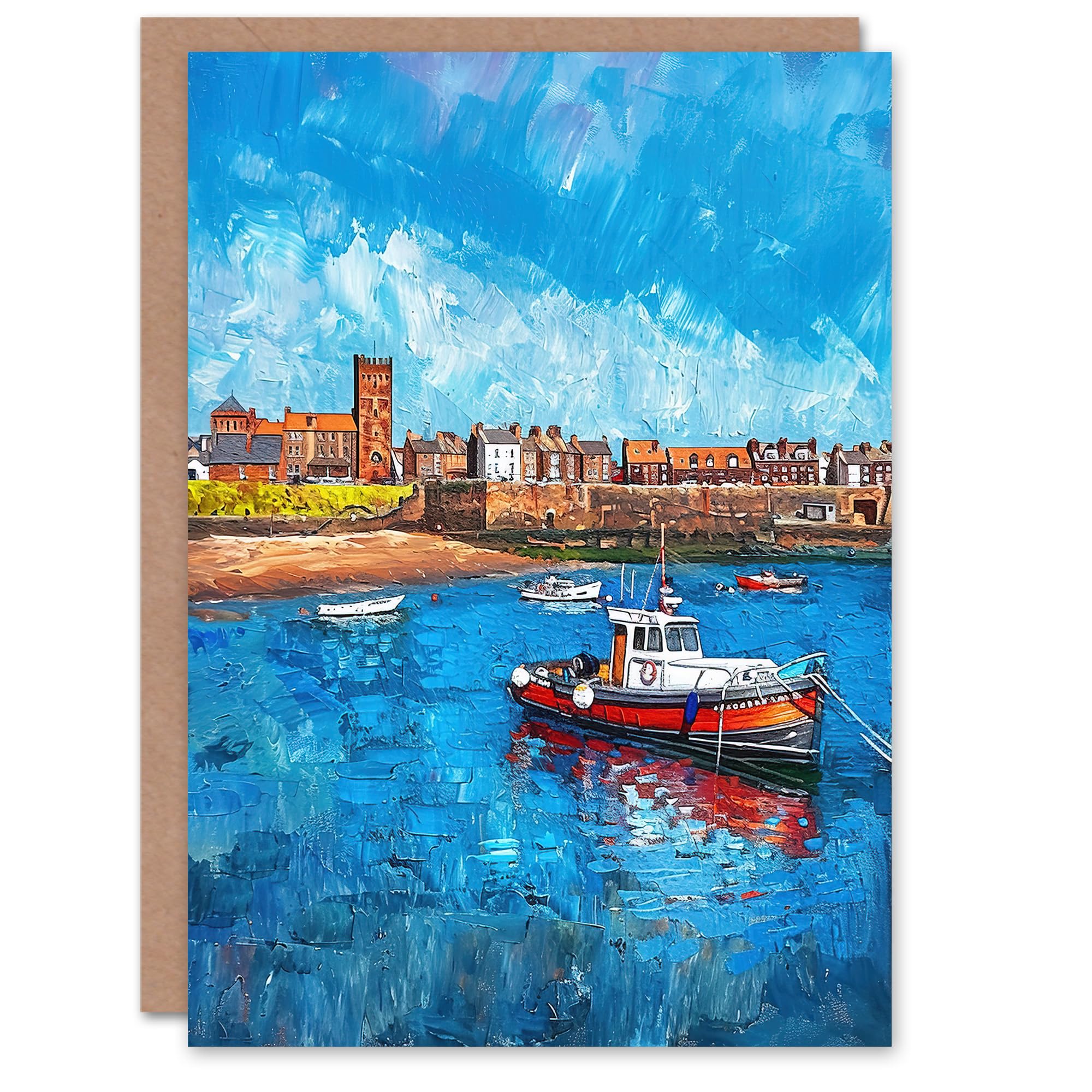 Artery8 Greeting Card North England Coastal Town Fishing Boats Painting Blank For Him Or Her Art Birthday Card