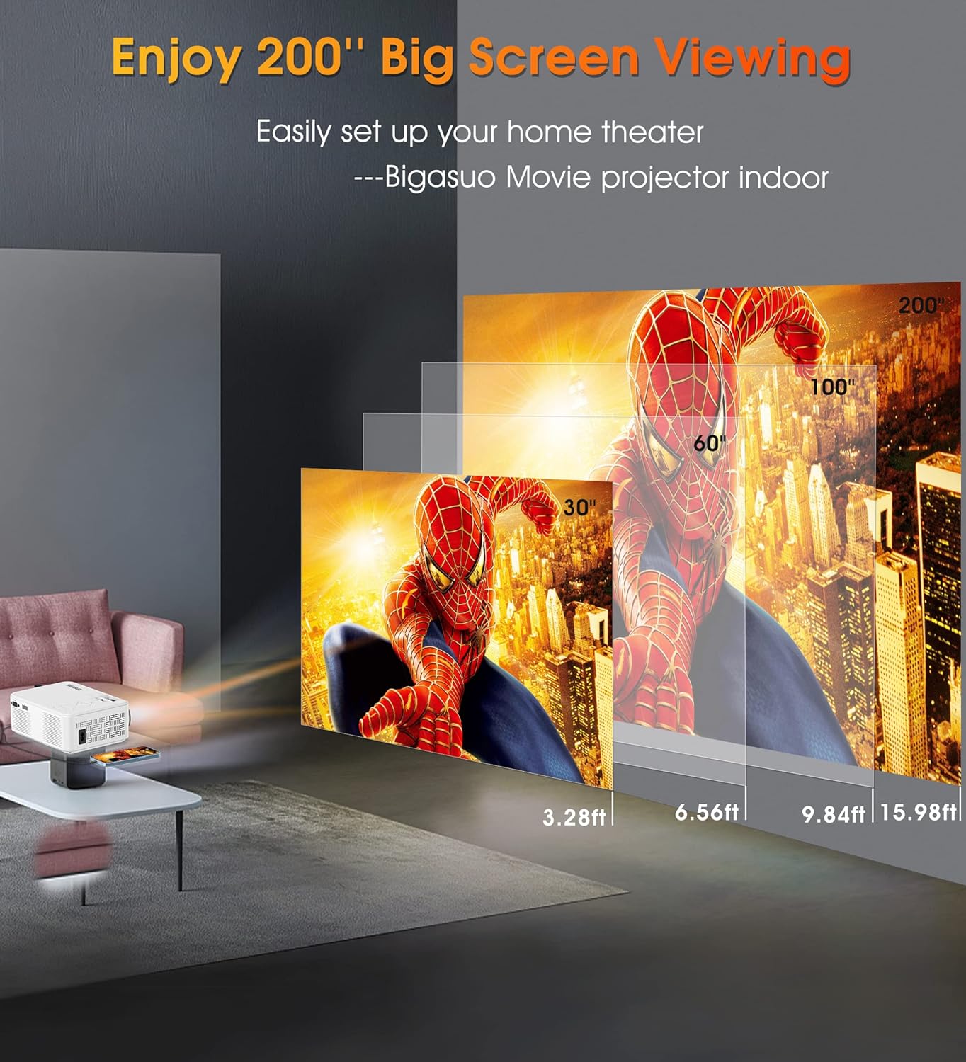 Outdoor Movie Projector with Screen - 7500L 1080P HD 200'' Supported Home Theater Projector, BIGASUO Mini Video Projector for iPhone, Phone, Laptop, PC, DVD, PS4, HDMI ,USB Devices (White) : Electronics