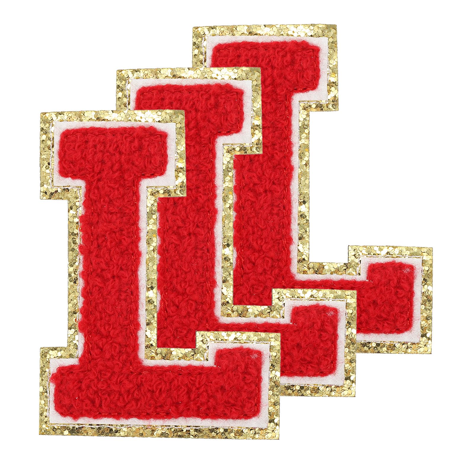 PATIKIL Chenille Sew on Letter Patches 3.3 Inch, 3 Pack Self Adhesive Chenille on Patches Golden Edge Embroidered Stickers for Clothing DIY Backpacks Hats Decoration, Red Letter-L