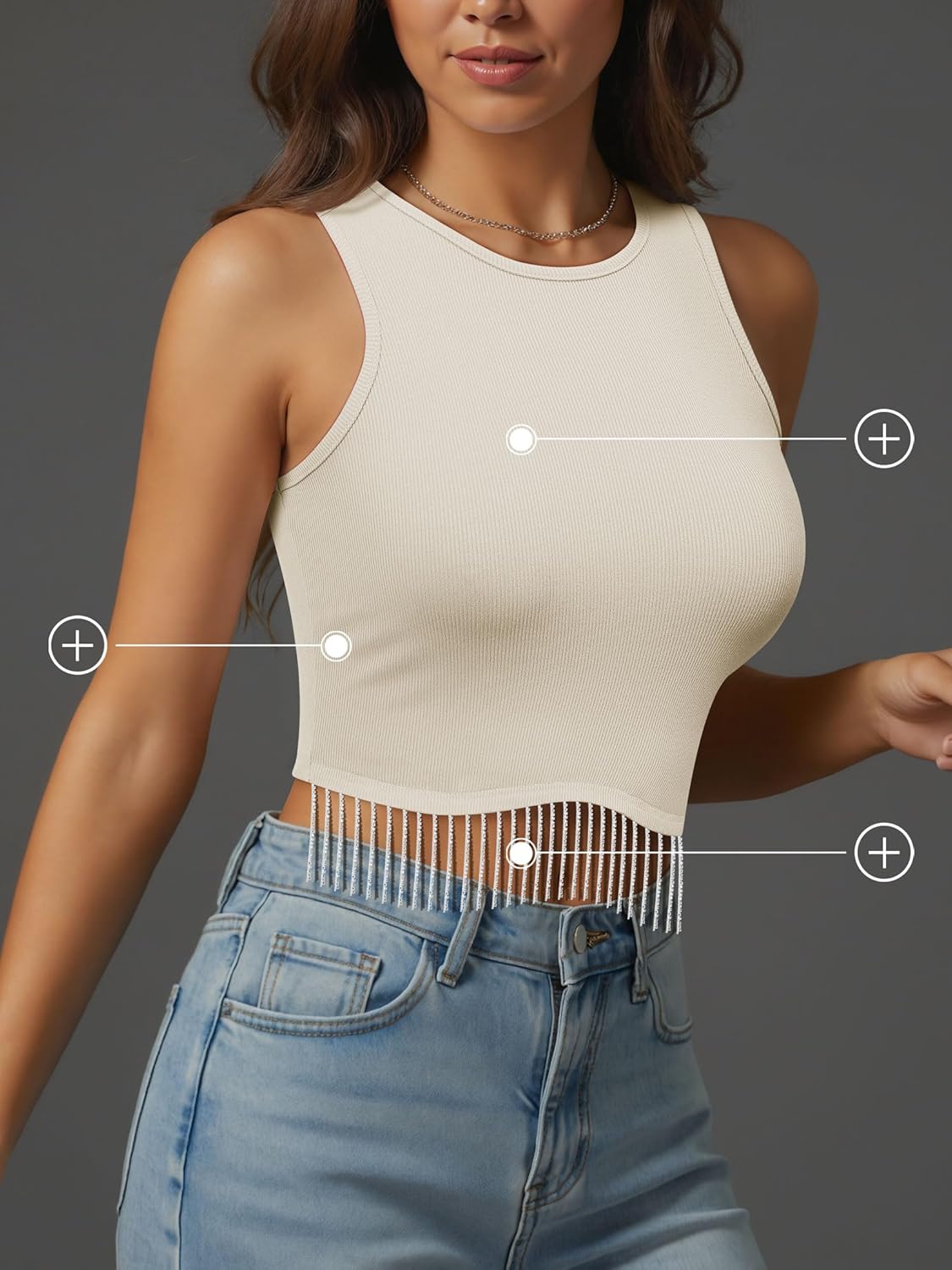 Womens Western Sparkly Fringe Sleeveless Crop Tops Cowgirl Going Out Cropped Tank Tops with Glitter Tassel - Image 4