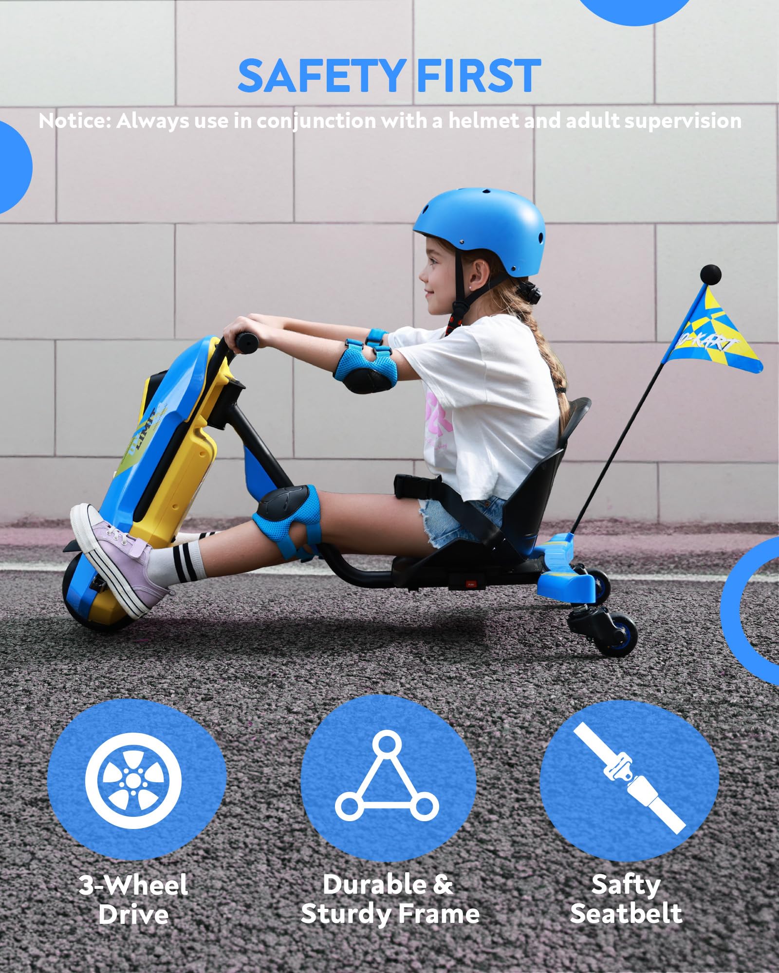 Electric Go Kart for Kids Ages 6-12- 12V Drifting Go Cart Shift - 360° Spin, Twist Grip, Stepless Speed, Max 5 MPH, 3 Adjustable Seat, Music, Bluetooth, Drift Kart for Rider up to 132 lbs, Blue