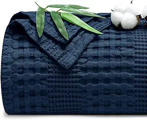 PHF Cooling Waffle Blanket King Size, Lightweight 60% Rayon Derived from Bamboo & 40% Cotton Breathable Blanket for Hot Sleepers, Soft and Luxury for Bed Couch and Sofa, 104"x90", Navy Blue