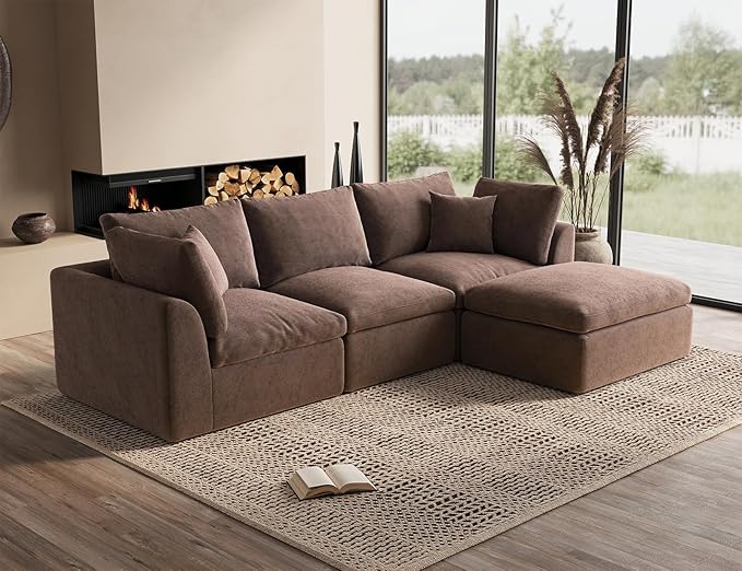 110" Cloud Sectional Couches for Living Room, Boneless L-Shape Couch with Ottoman, 3 Seater Modular Sectional Sofa, Brown