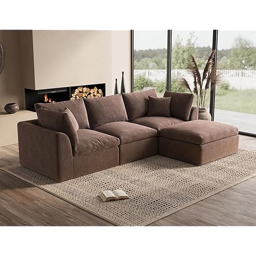 110" Cloud Sectional Couches for Living Room, Boneless L-Shape Couch with Ottoman, 3 Seater Modular Sectional Sofa, Brown