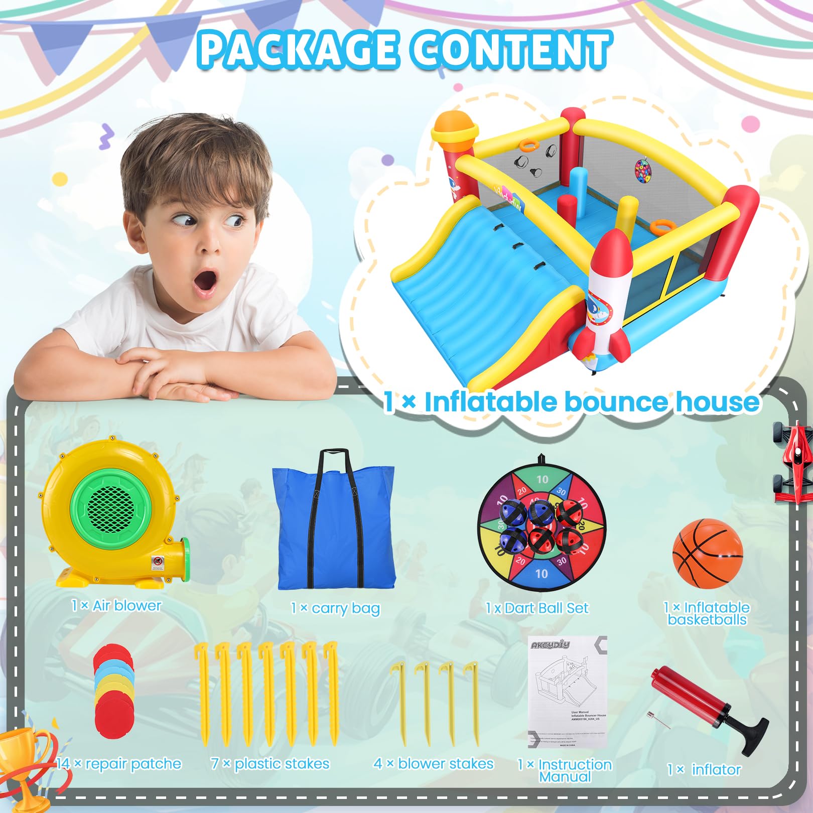 AKEYDIY Grand château Gonflable pour Enfants de 3 à 12 Ans, Grand Toboggan et Grand Trampoline avec souffleur, Maison Gonflable pour garçons, extérieur/intérieur, Cadeau d'anniversaire