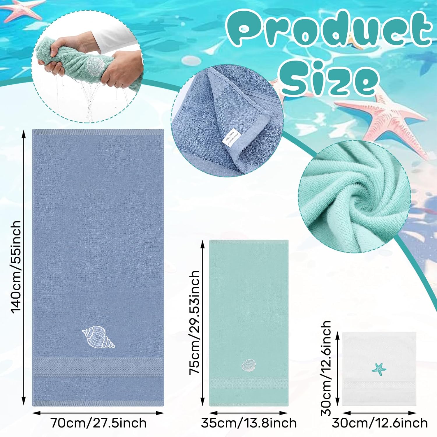 6 Pcs Coastal Ocean Beach Hand Towels for Bathroom Embroidered Bathroom Summer Towels Decorative Set 2 Bath Cloths 2 Hand Cloth and 2 Wash Cloths for Bath Shower Kitchen Dish Decor