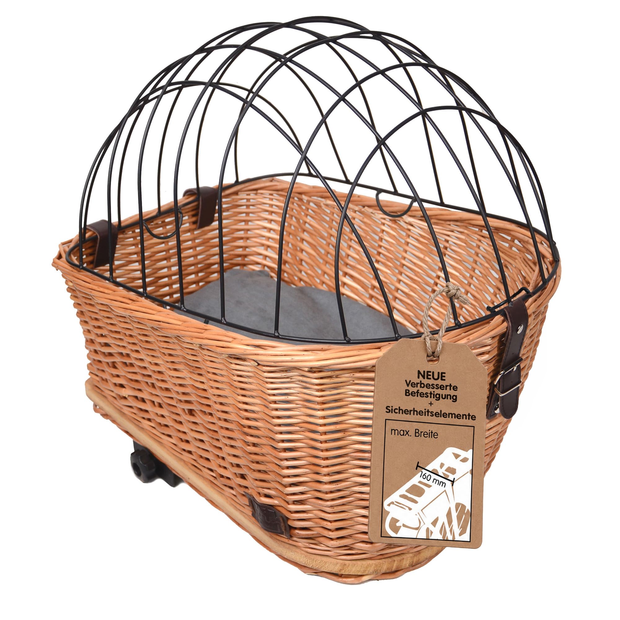 UNUS Cesta para bicicleta para perros de mimbre con cubierta de rejilla y cojín, 47 x 29 x 34 cm