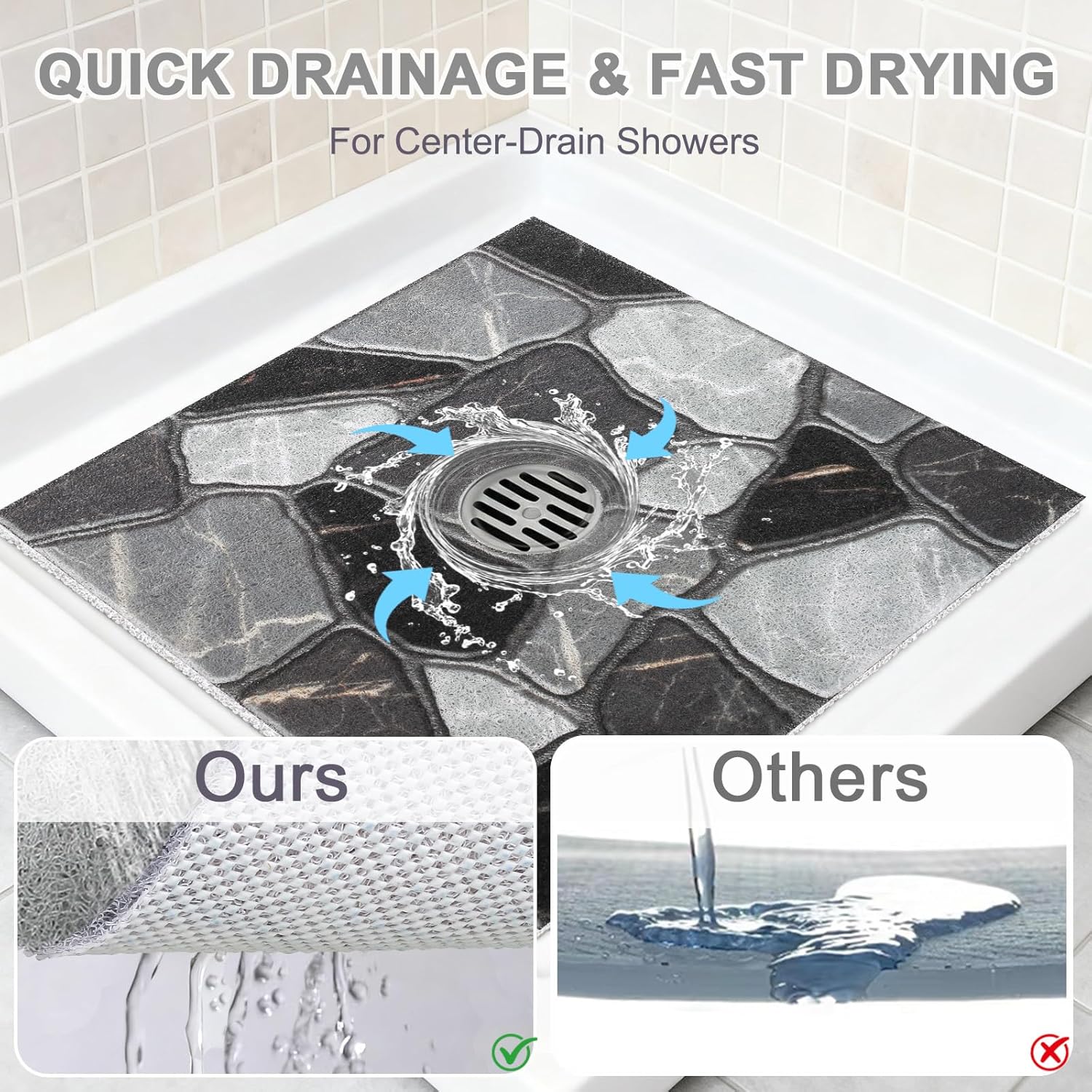 Square Shower Mat Non Slip: 36x36 Inch Extra Large Shower Mats for Inside Shower, Anti Slip Shower Floor Mat, Loofah Shower Stall Mats for Elderly, Non Slip Shower Mat with Drain Hole in Middle