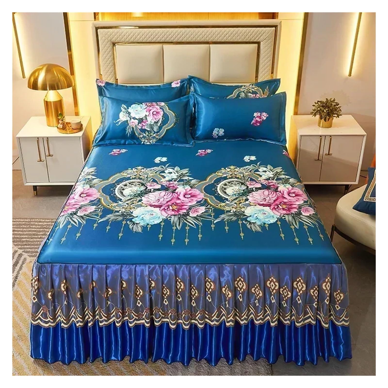 Bedding Set Folding Embroidered Sheets Bedding Bed Skirt King Queen Size Bed Sheet Set with Pillowcases(Color 1,3 pcs 180x220cm)
