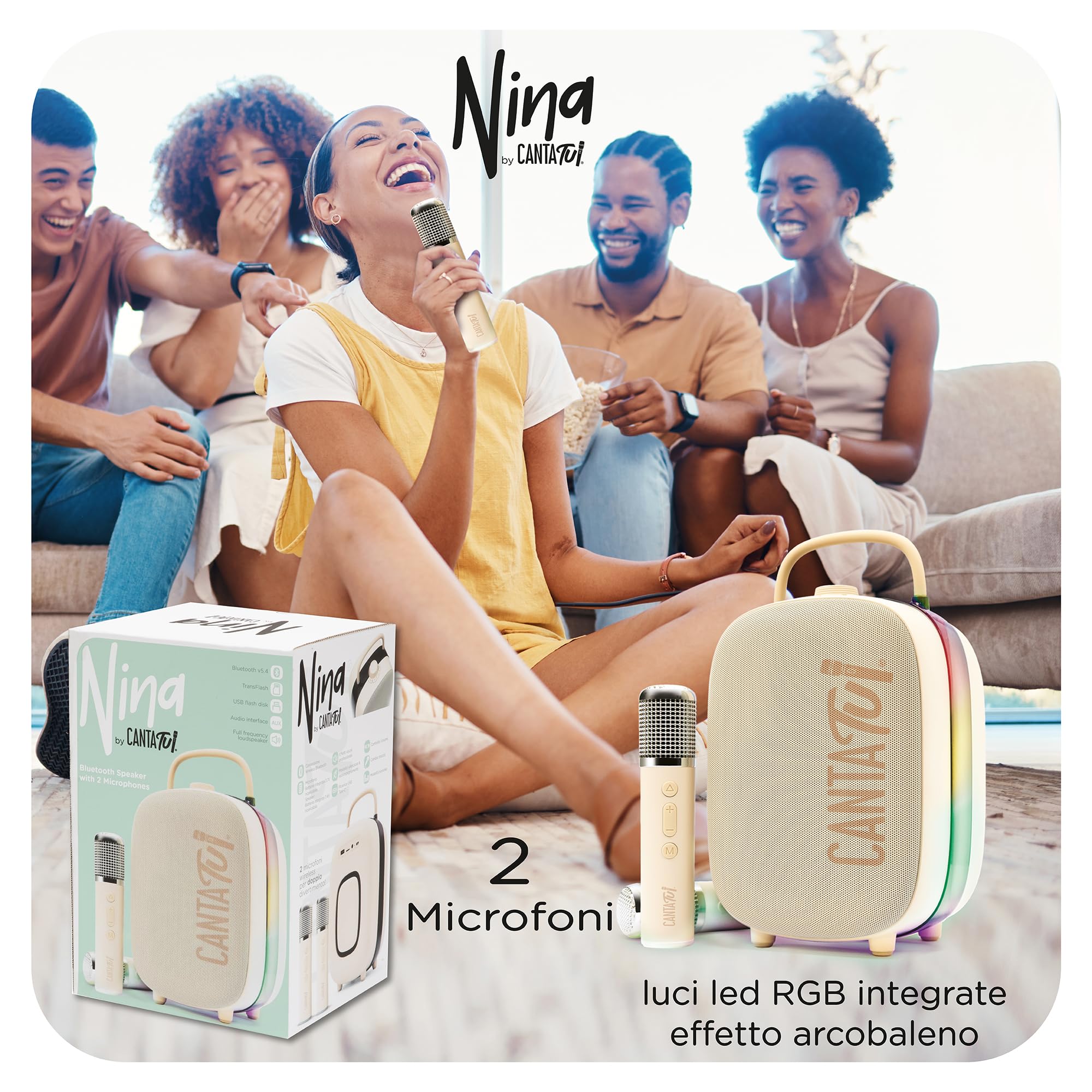 Canta Tu Nina Macchina Karaoke 2 Microfoni Wireless Bluetooth Altoparlante Portatile Luci LED Cambio Voci Beige