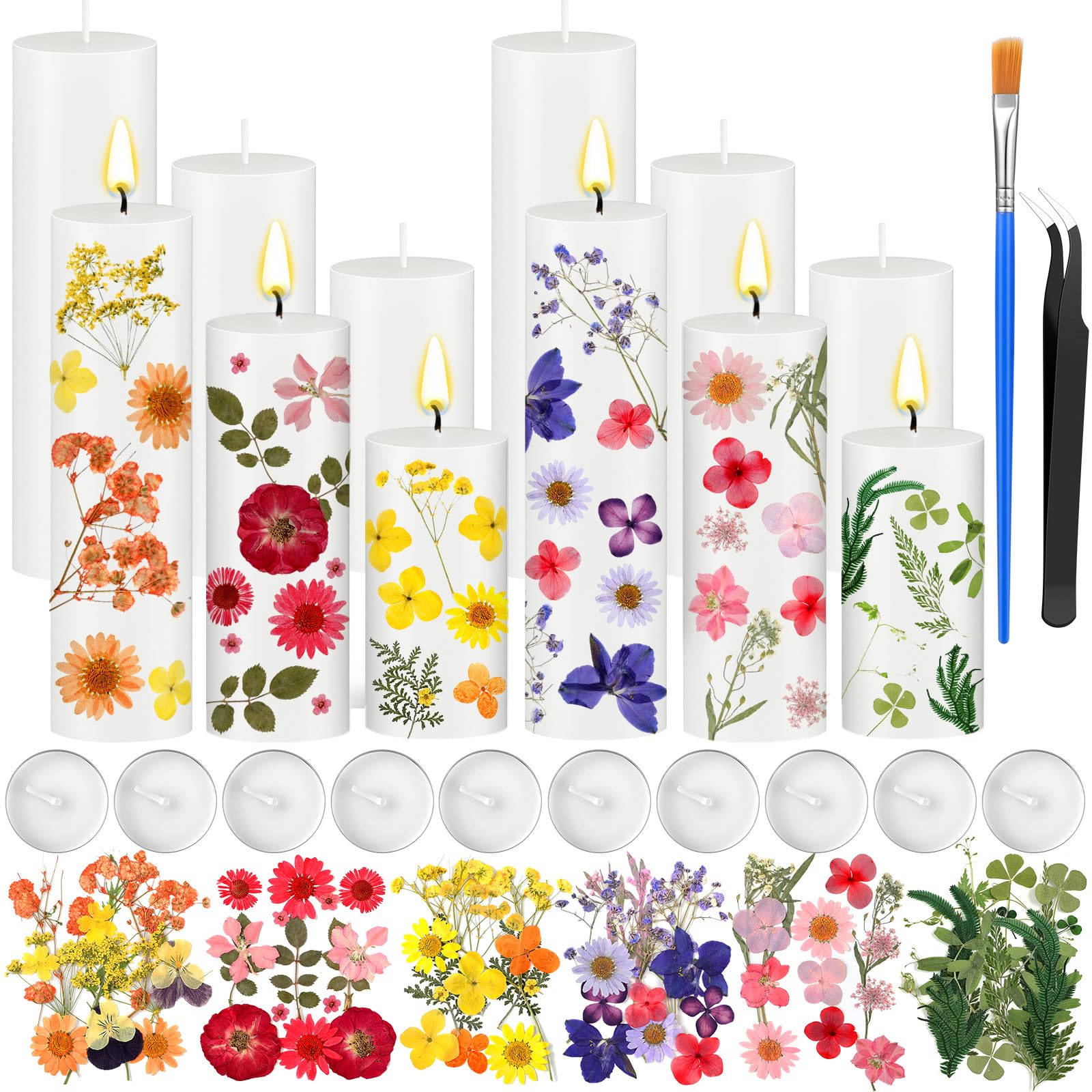 MTLEE 24 Pack Dried Pressed Flower Candle Painting Kit 6 White Pillar 6 Dried Pressed Flower 10 Tealight Candle with Tweezer Brush for Girls Night Birthday Wedding Party DIY Crafts Decor(4/6/8 Inch)