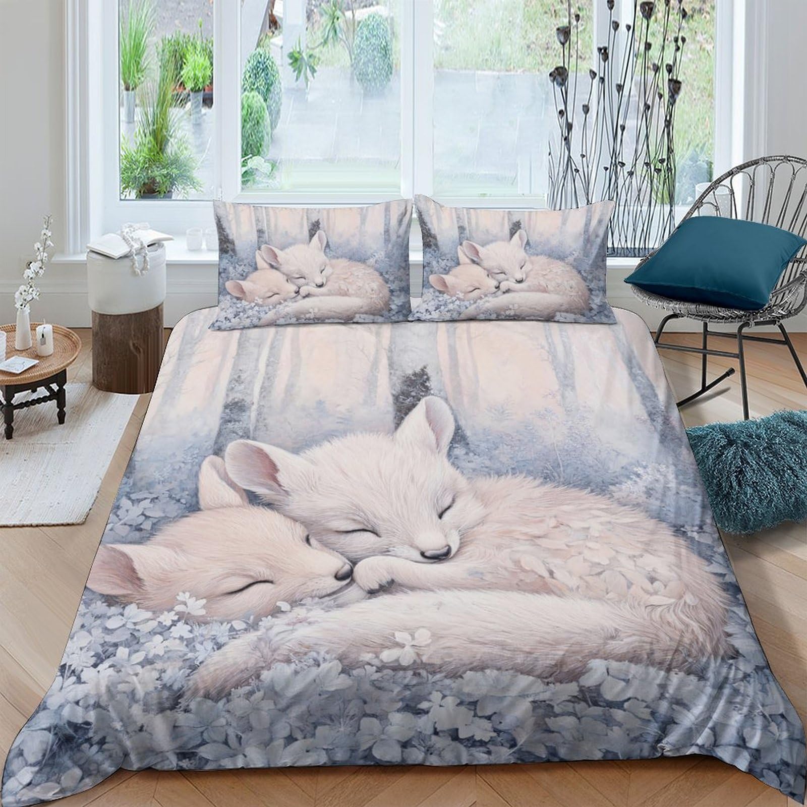 GPLZQXKJNH 3D Printed Sleeping Fox Duvet Cover Microfiber Soft Breathable Forest Animal Bedding Set with 2 Pillowcases for Bedroom Decor, Single（135x200cm）