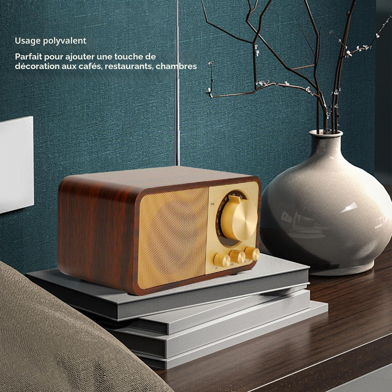 Bewinner Haut-parleur Bluetooth rétro en bois, haut-parleur sans fil portable vintage, carte TF, AUX, entrée USB, petit haut-parleur Bluetooth vintage pour cadeau, fête, voyage, bureau, maison en bois