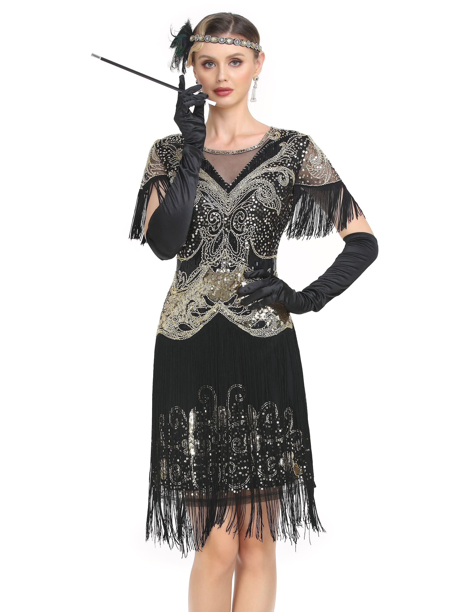 FAIRY COUPLE Women's 1920s Great Gatsby Flapper Dress - Black Gold Sequin, Lace Neck, With Slip - View #6