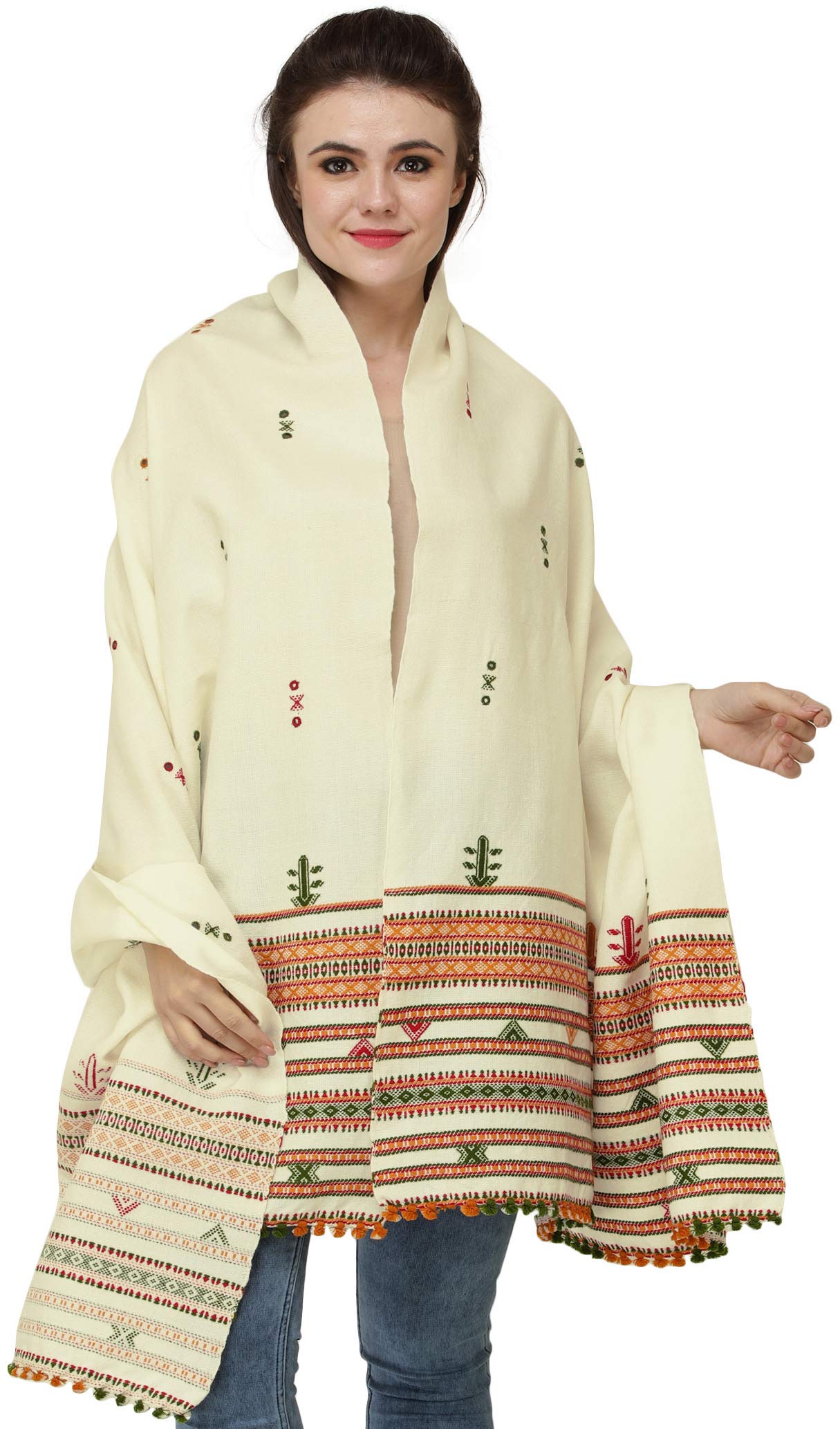 Exotic IndiaShawl from Kutch with Embroidered Bootis and Mirrors - Wool