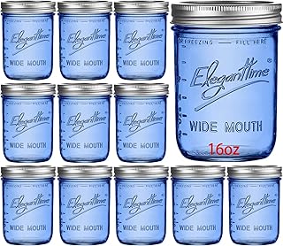 eleganttime 16 oz Blue Mason Jars with Lids,12 Pack Wide Mouth Canning Jar,Airtight Glass Container Storage,Canning,Pickling,Home Decor,Overnight Oats,Fruit Preserves,Jam or Jelly