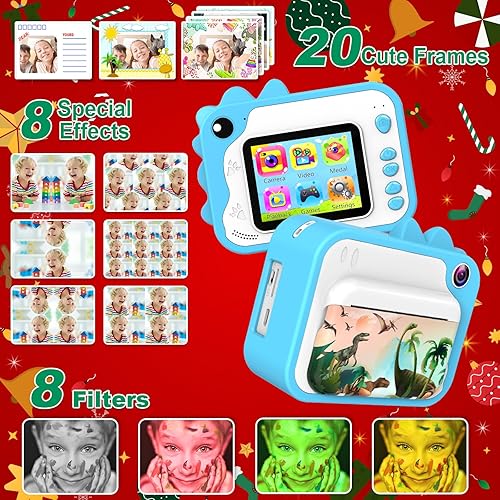 Miniatura 7 de USHINING Cámara de impresión instantánea para niños con bolso de Navidad, cámara de impresión digital de 12 MP para niños de 3 a 12 años, cámara