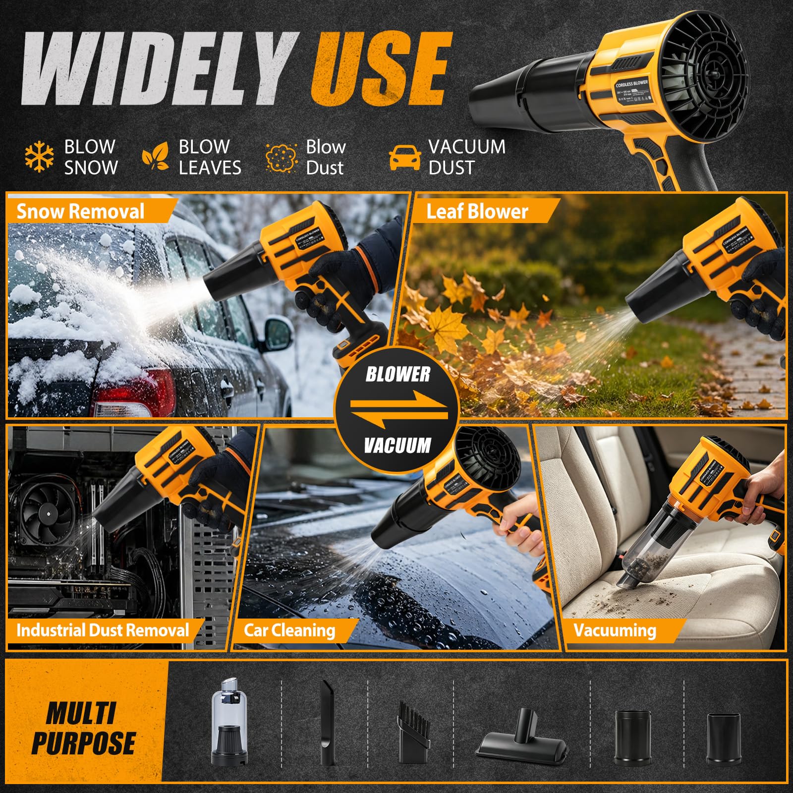 Soplador de hojas y aspiradora 2 en 1, compatible con batería Dewalt de 20
