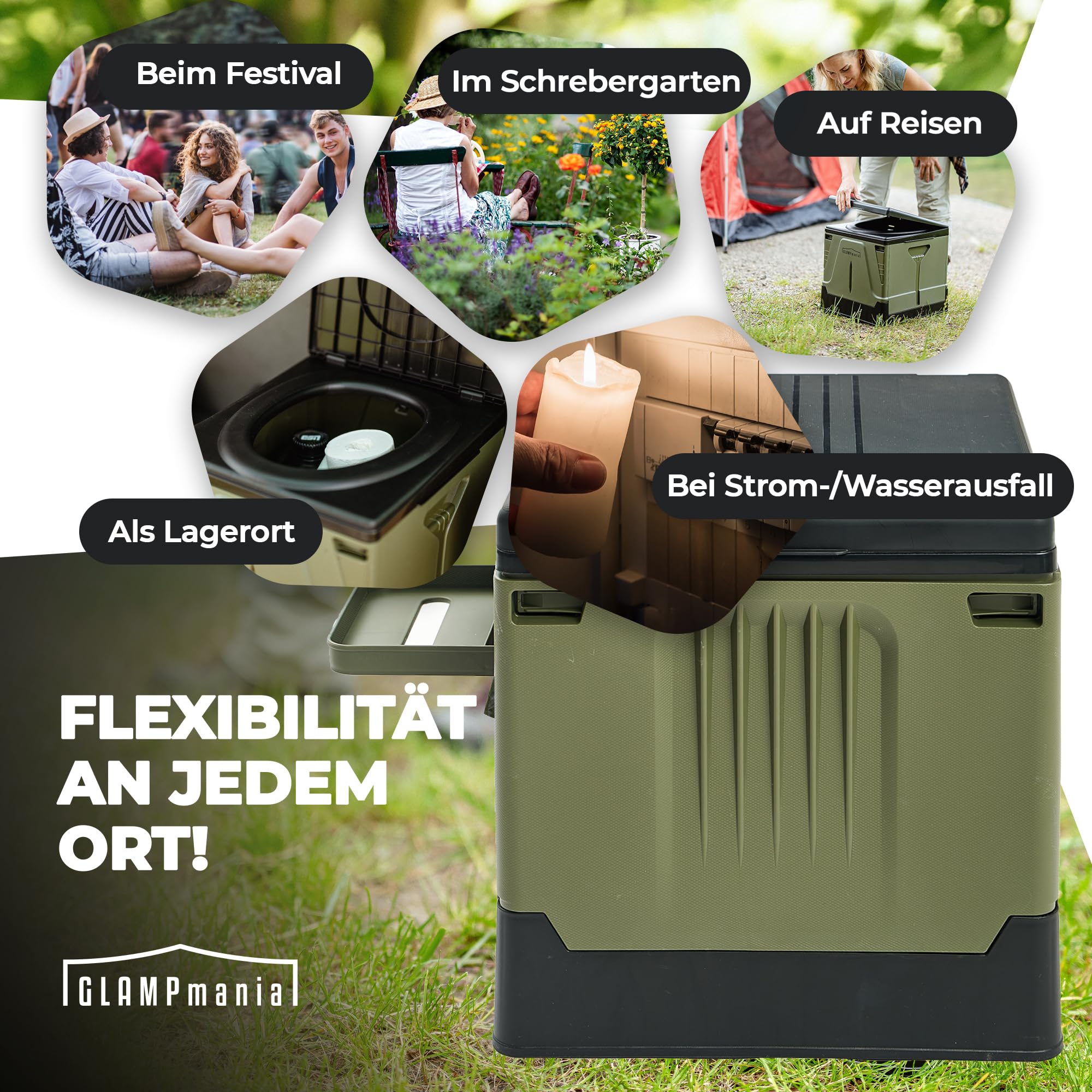 Campingtoilette faltbar | Klapptoilette bis 150 kg inkl. Ablagefach & 12x Tüten | Mobile Toilette Camping WC | Outdoor, Festival, Stau, Notfall | Größe M grün