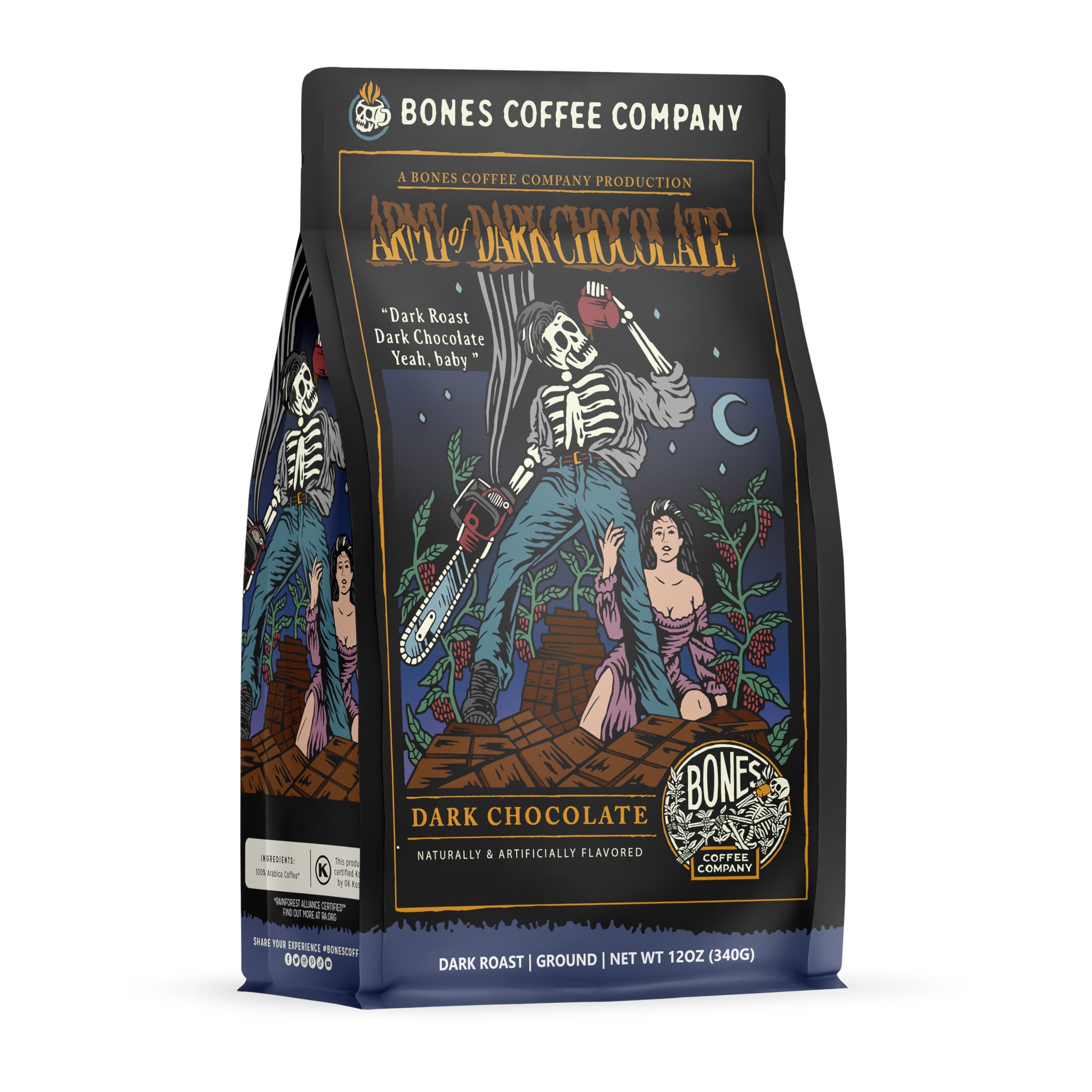 Bones Coffee Company Decaf Army of the Dark Chocolate Decaffeinated Flavored Coffee, Medium Roast Low Acid Arabica Beans Compatible with Auto drip and
