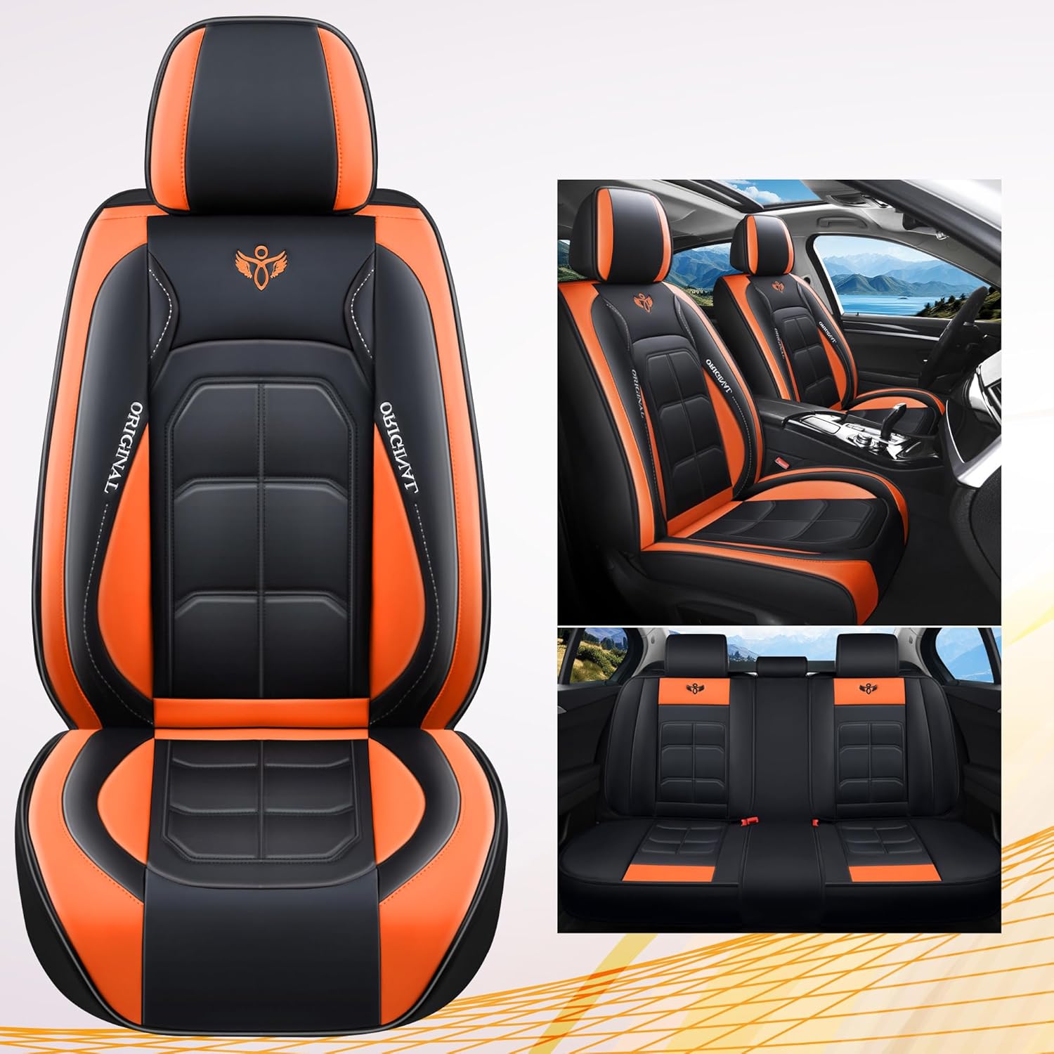 Zvaluqy06 Comfortable Leather Auto Car Seat Covers Front & Rear Seat Protector Fit Sedan SUV 5 Seats Full Set Universal Fit (Black-Orange)