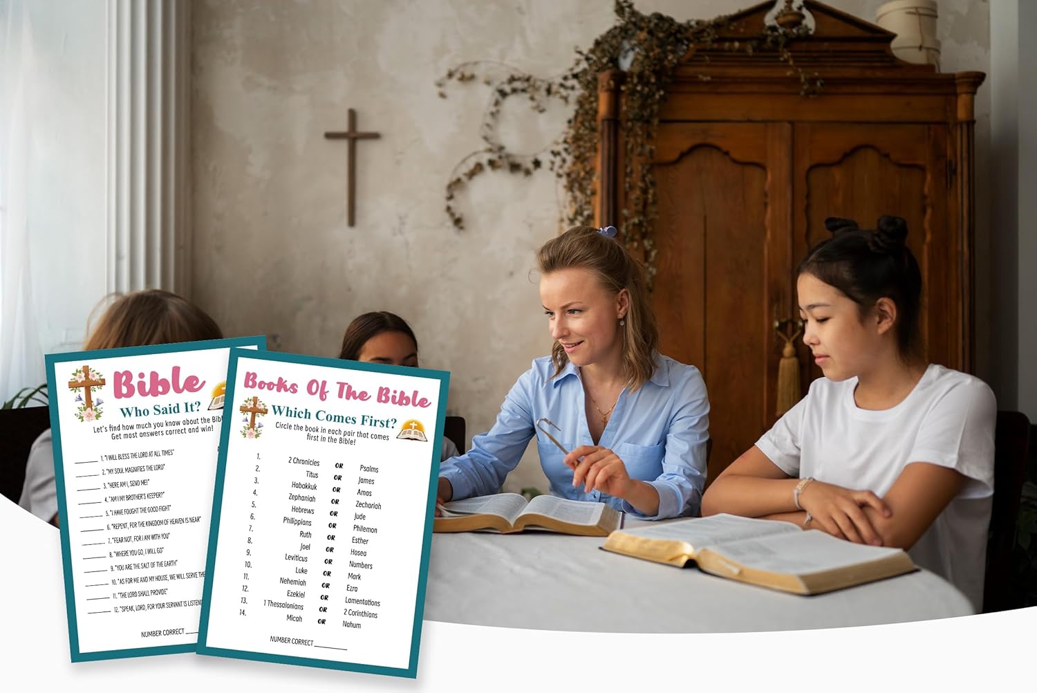 Adults Bible Games, Verse Match Up, Who Said It, Which Comes First, Bible Study Game Christian Group Women's Ministry Games-SJG01