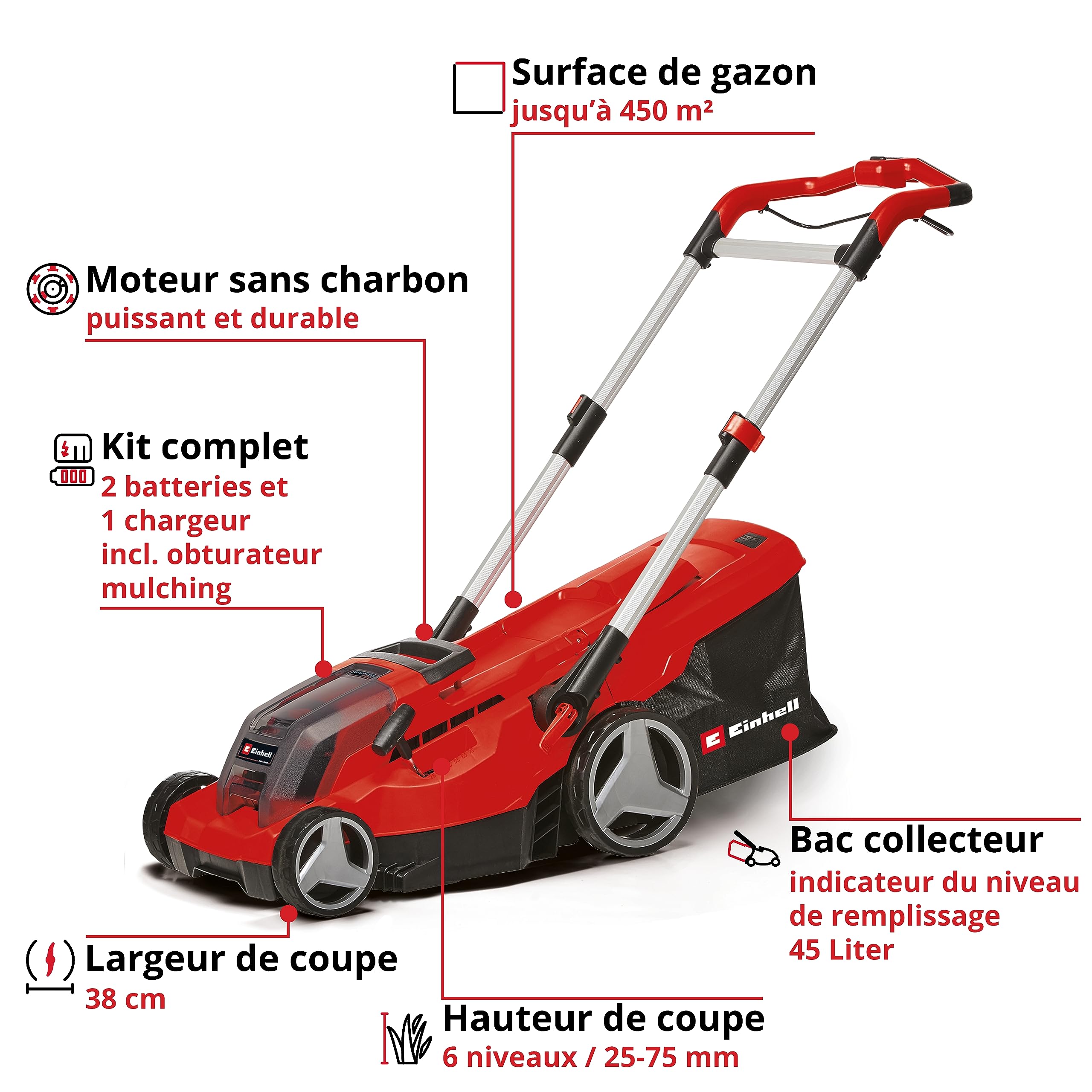 Einhell Tondeuse à Gazon sans Fil GP-CM 36/450 Kit Power X-Change (36 V, Largeur de Coupe 38 cm, 450 m², Moteur sans Charbon, Fonction Mulching, bac collecteur 45 L, 2 Batteries 4,0 Ah+Twincharger)