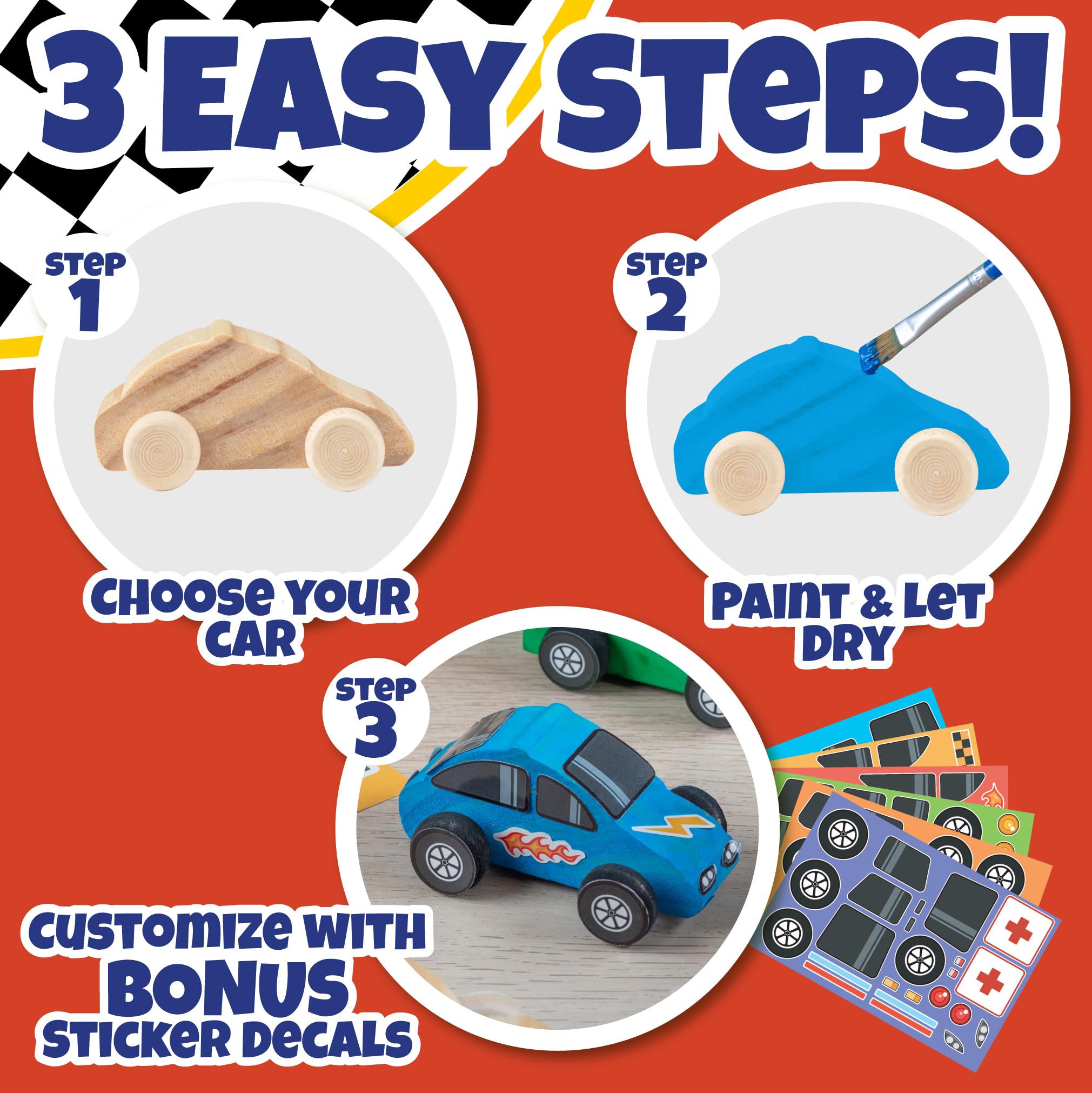 Kit de peinture sur bois pour enfants (12 carats) Voitures 3D – Chaque kit a son propre pinceau, peinture et figurine – 6 motifs incluent taxi, camions et plus avec autocollants personnalisables en