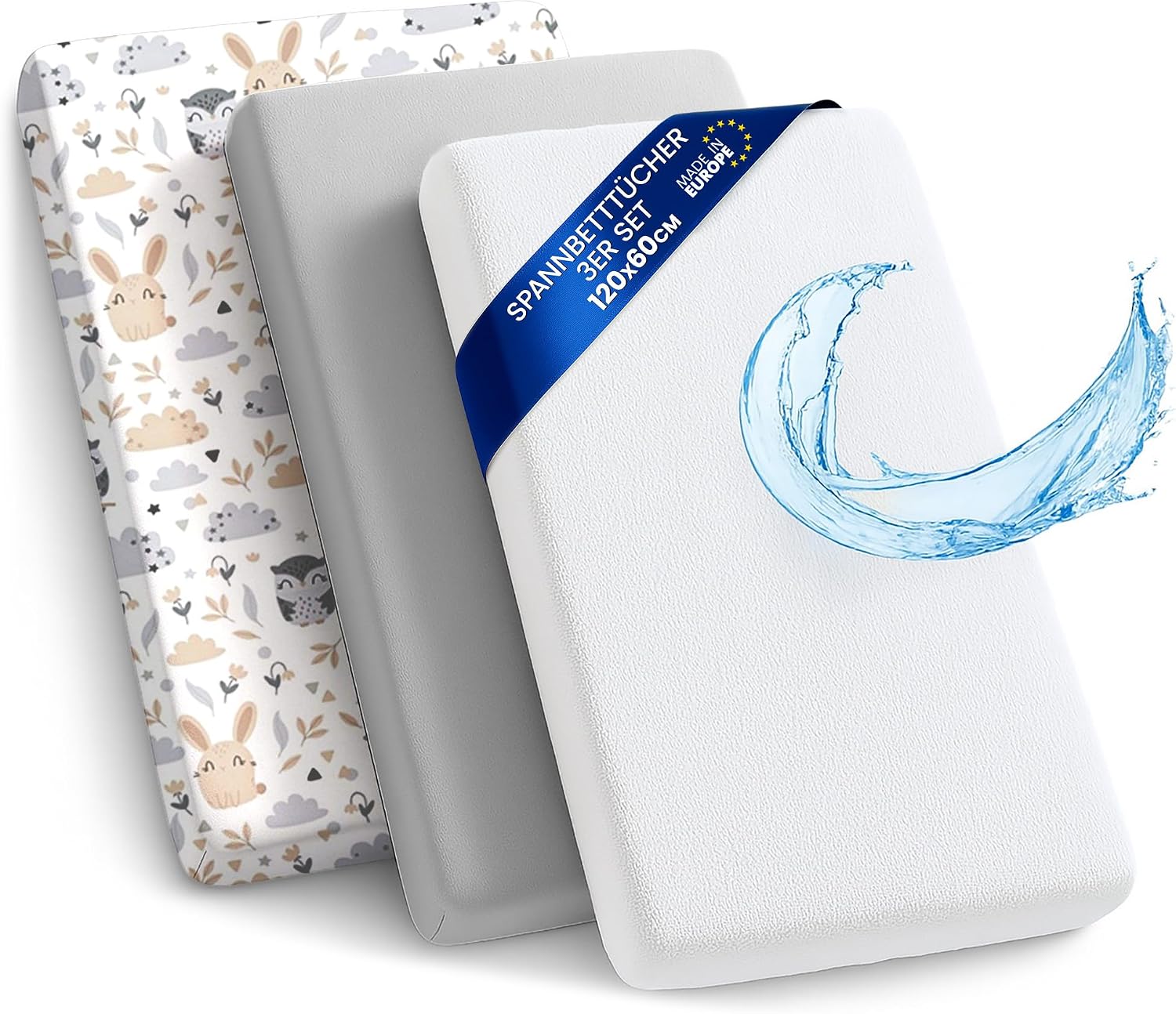 Fitted Sheets Pram Baby Fitted Sheets Set of 3 60 x 120 cm - 2 x Flat Sheets + 1 x Waterproof Mattress Protector - Baby Cot Accessories for Cot Cot Side Cot Bassinet 60 x 120 cm